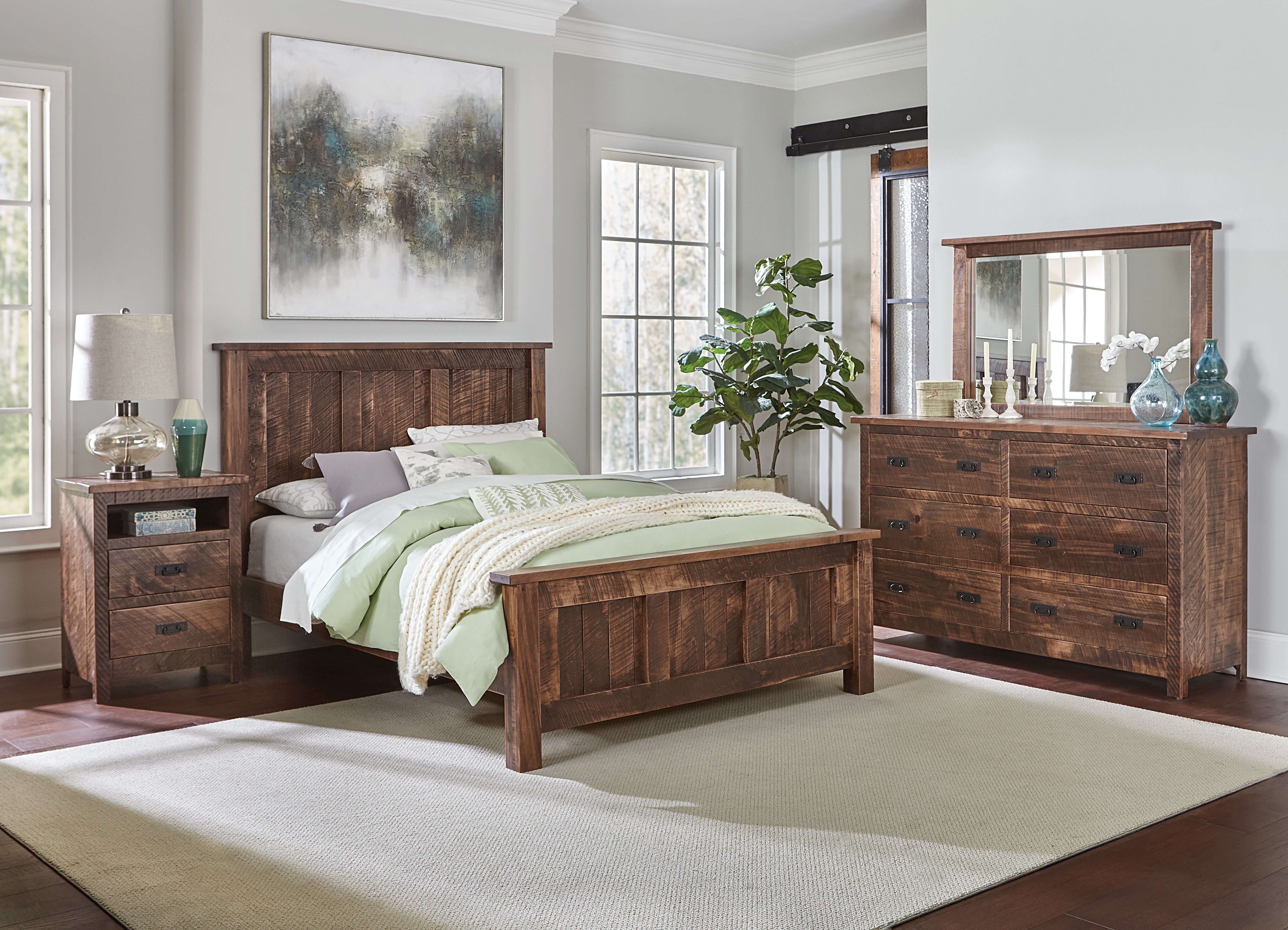 dumont bed room setting in rustic rough sawn brown maple and almond stain