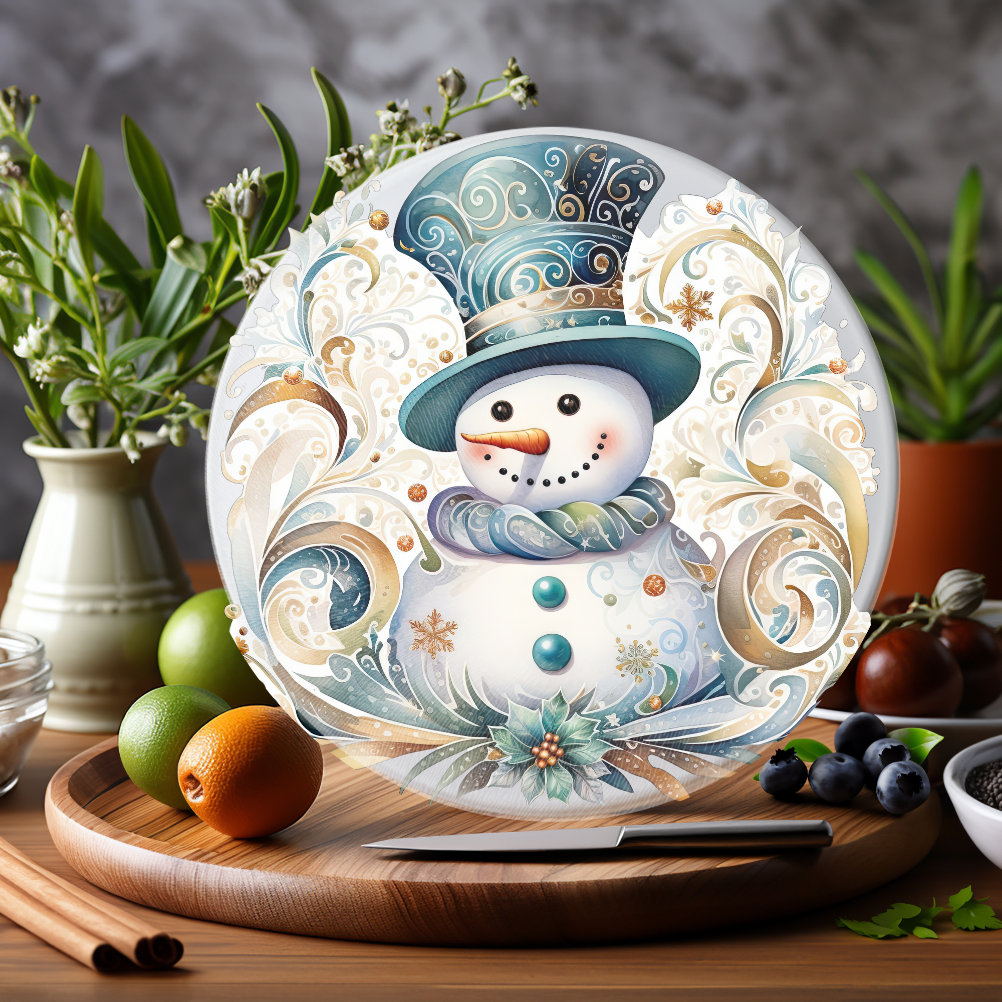 Snowman Charcuterie Tray, Glass Cutting Board