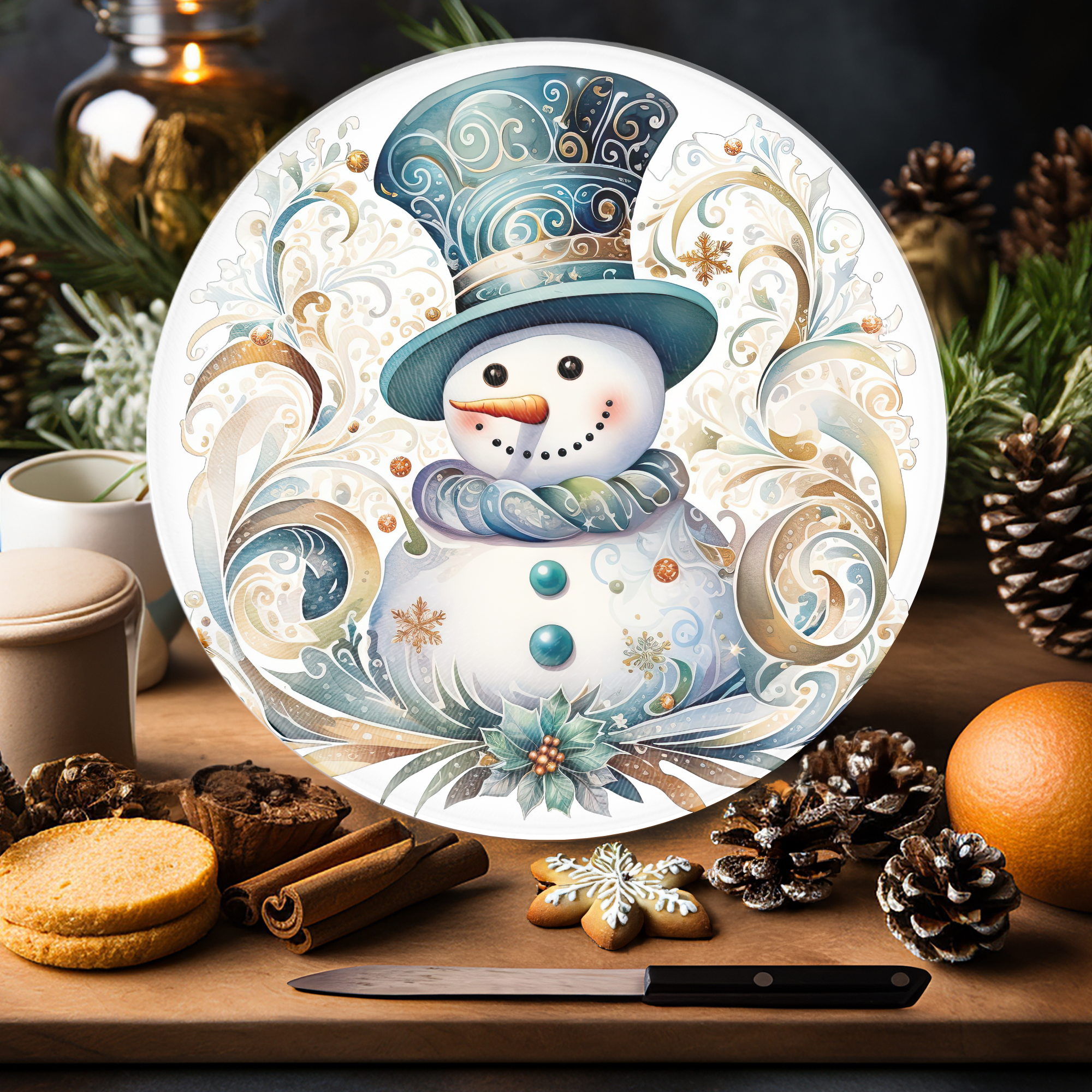 Snowman Charcuterie Tray, Glass Cutting Board