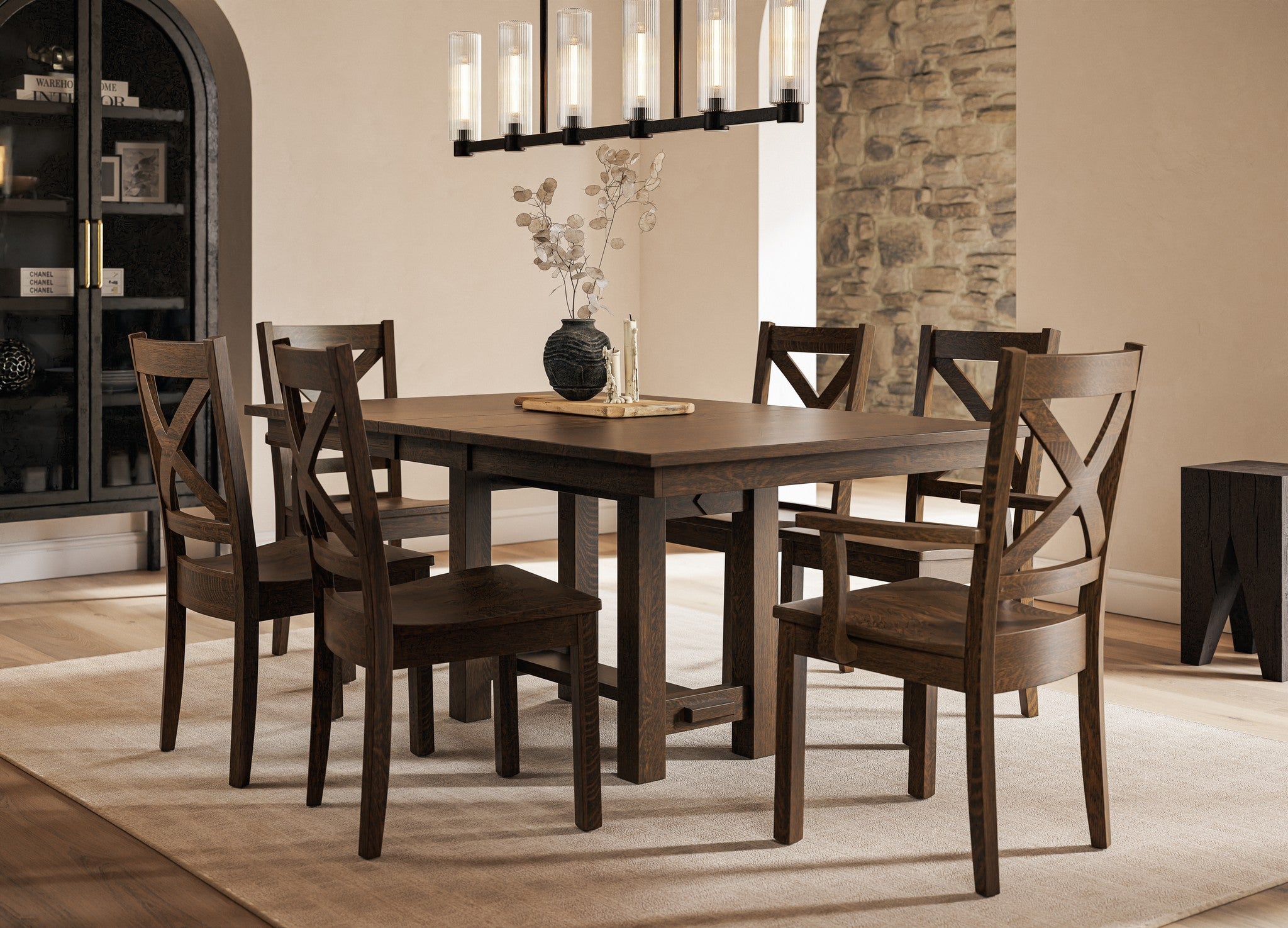 amish emma trestle table in quartersawn white oak shown in shadow stain 