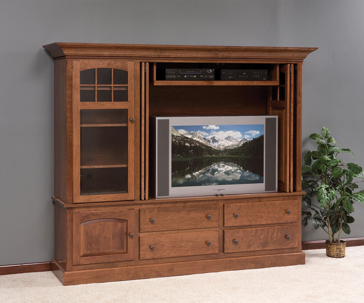 amish entertainment center shown in oak