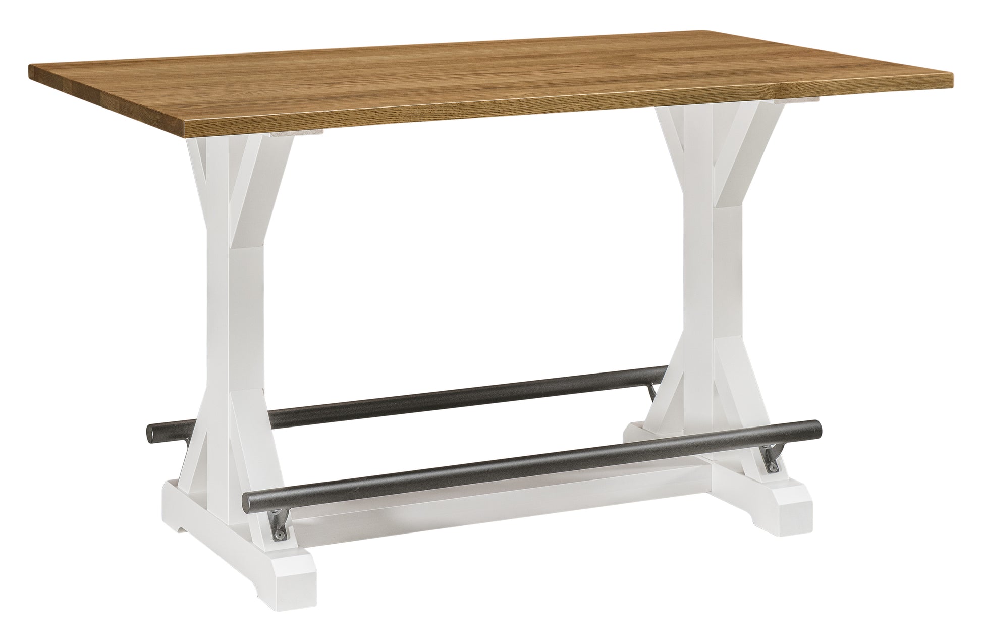 fenway trestle pub table shown in plain quarter sawn white oak top with a harvest 10 sheen stain and brown maple base with muted white 10 sheen 