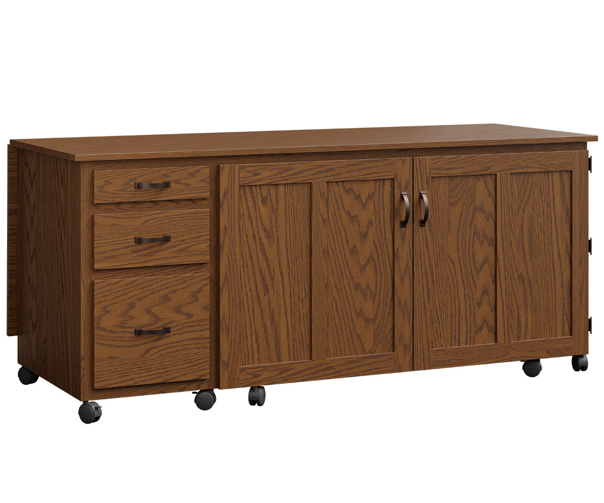 flat top sewing cabinet in oak with fruitwood stain
