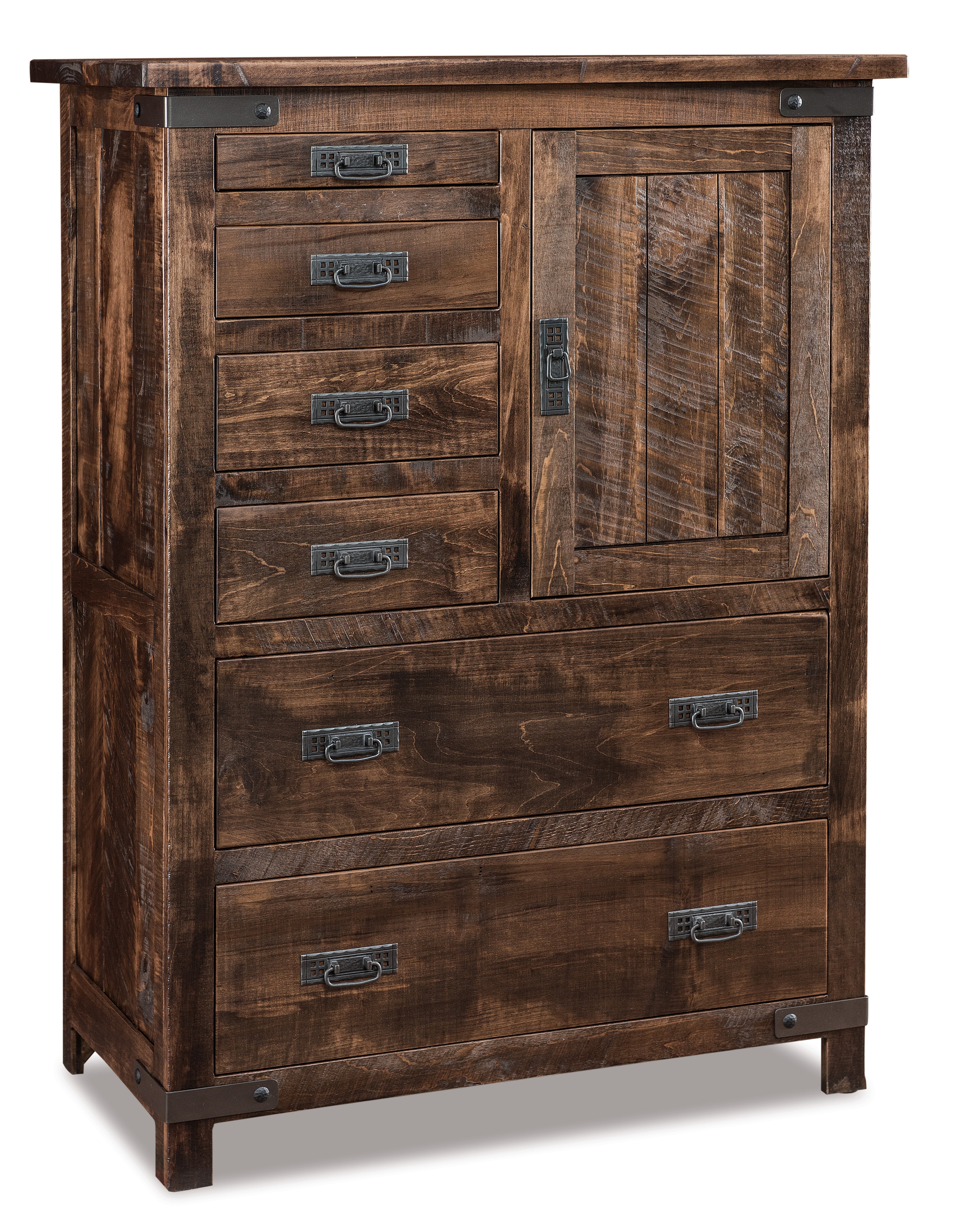 american made amish ironwood six drawer one door gentlemens chest with metal accents