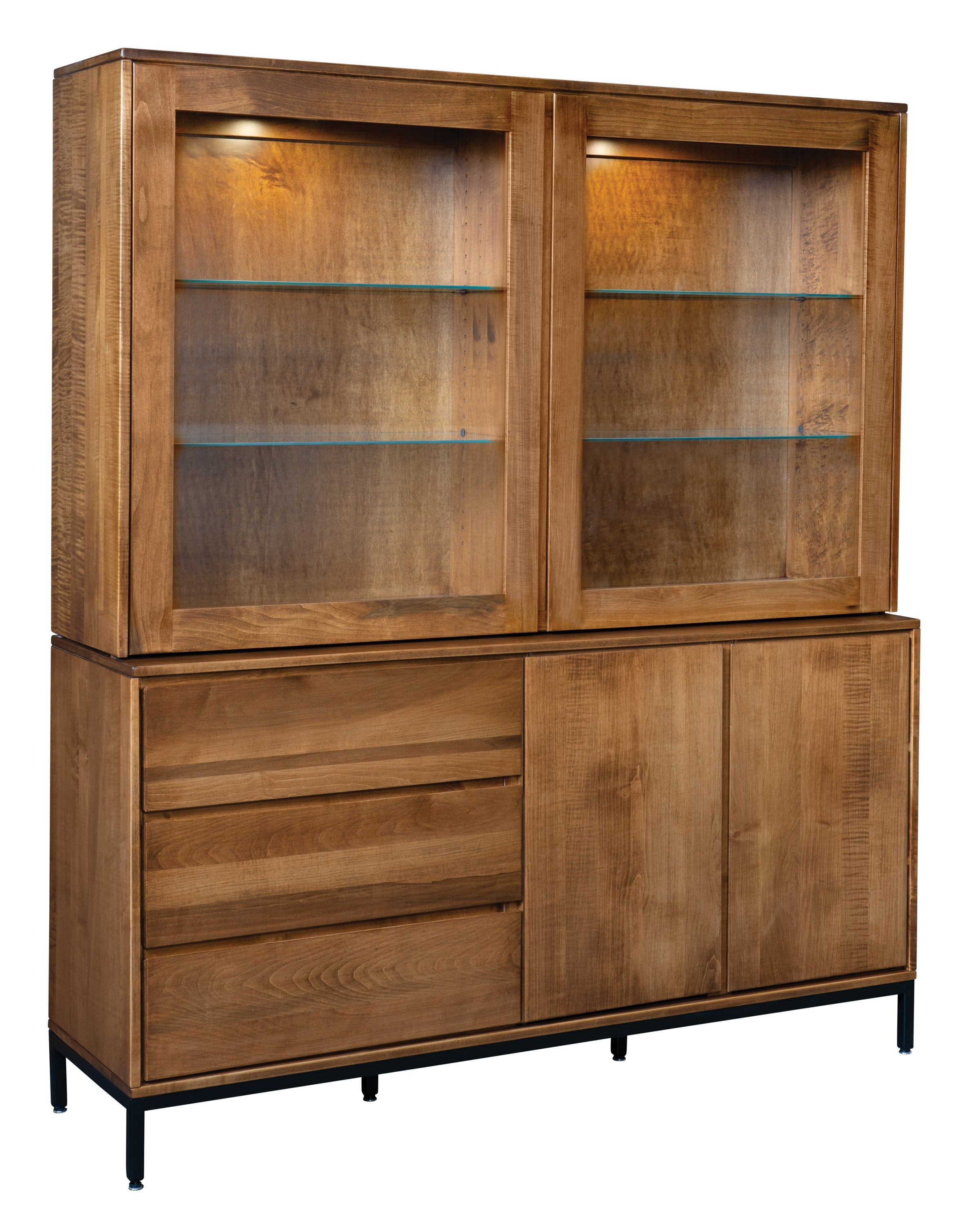 amish windsor hutch with glass doors and lighting