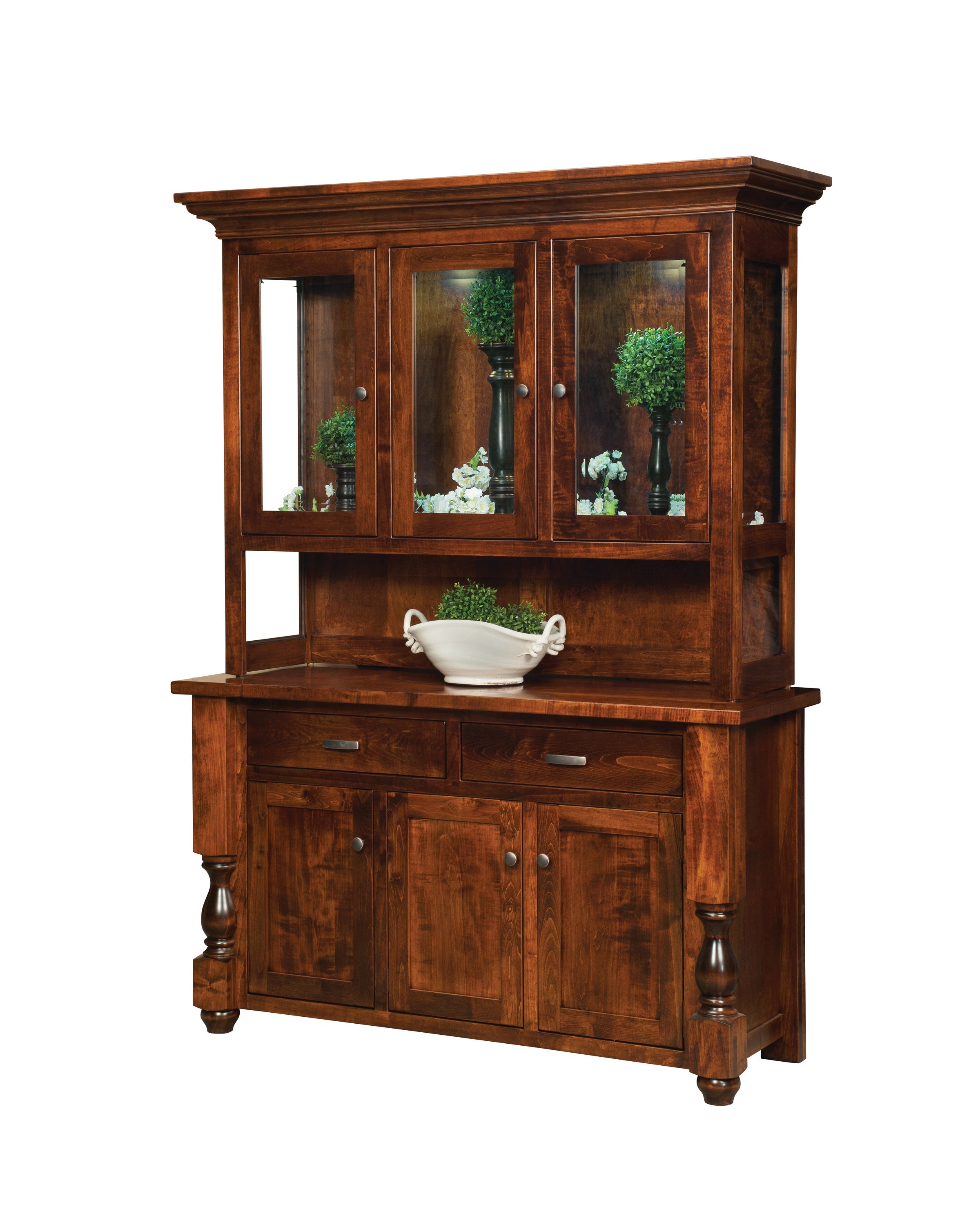 amish woodmont hutch glass doors with touch hinge lighting