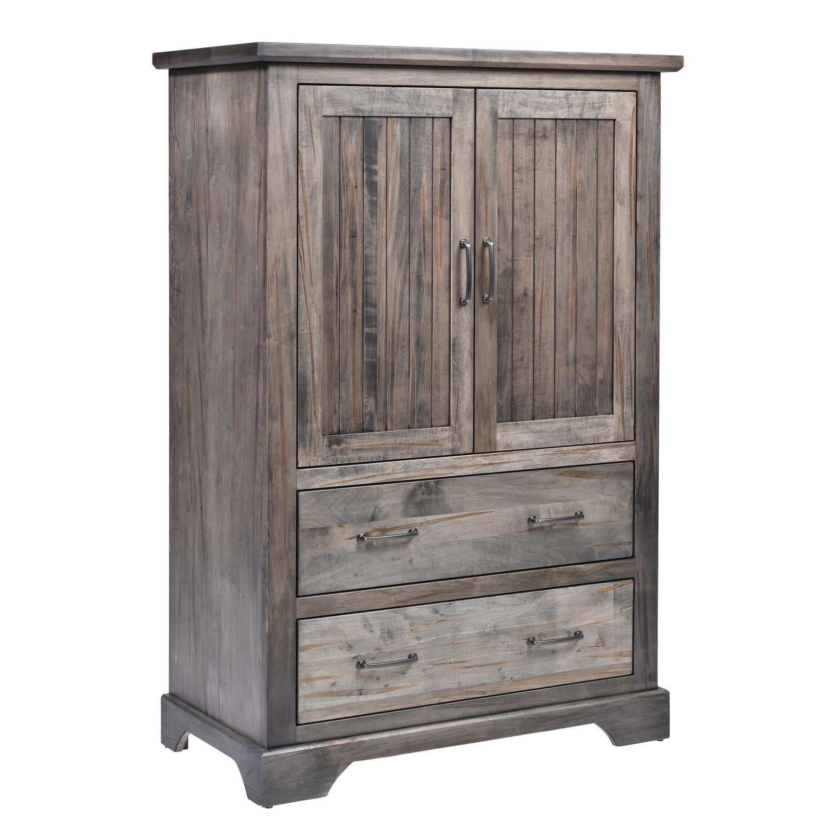 kimberley armoire shown in wormy maple wood with carbon stain