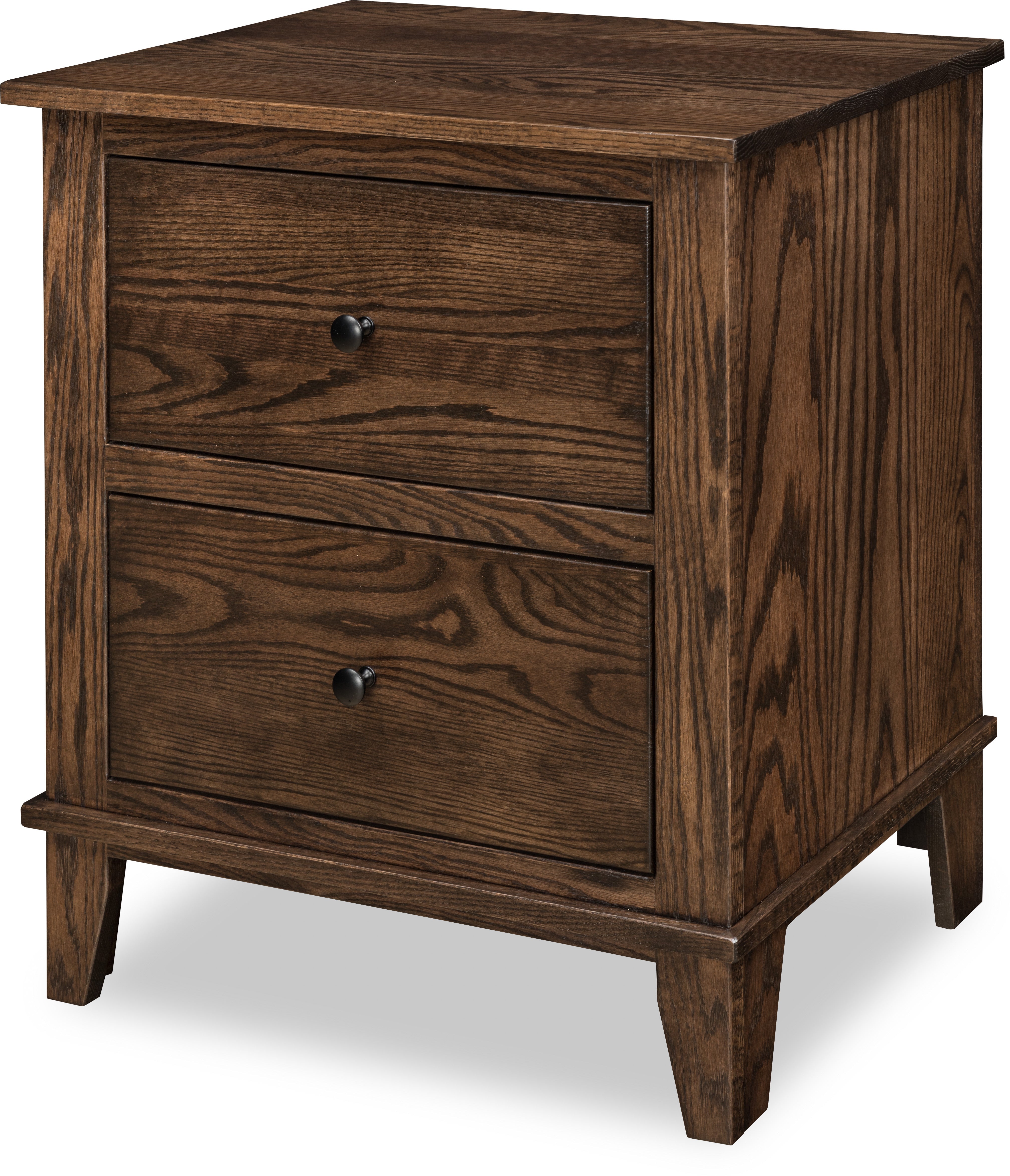 mckenzie two drawer nightstand in oak wood with charwood stain