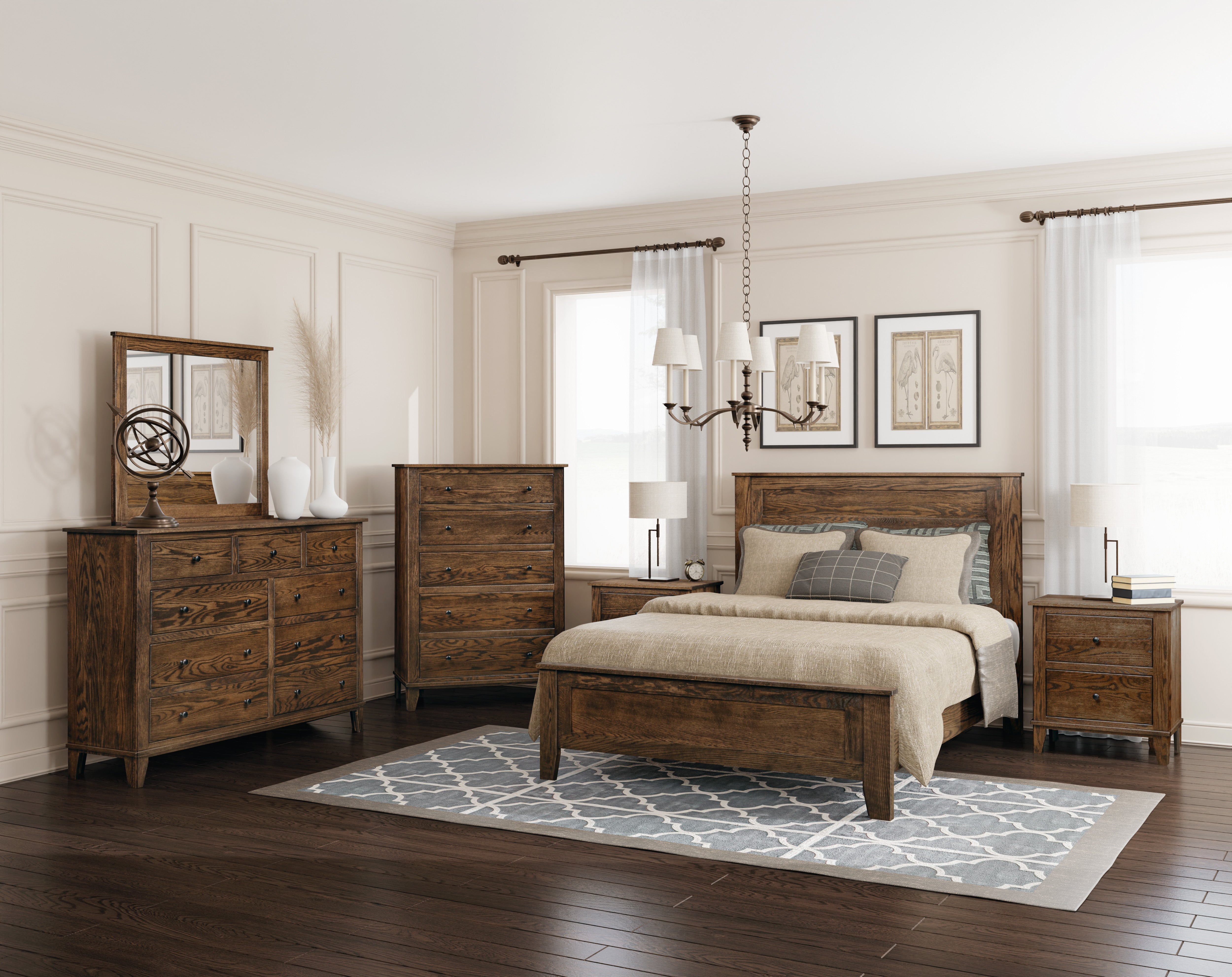 mckenzie room setting in oak wood with charwood stain