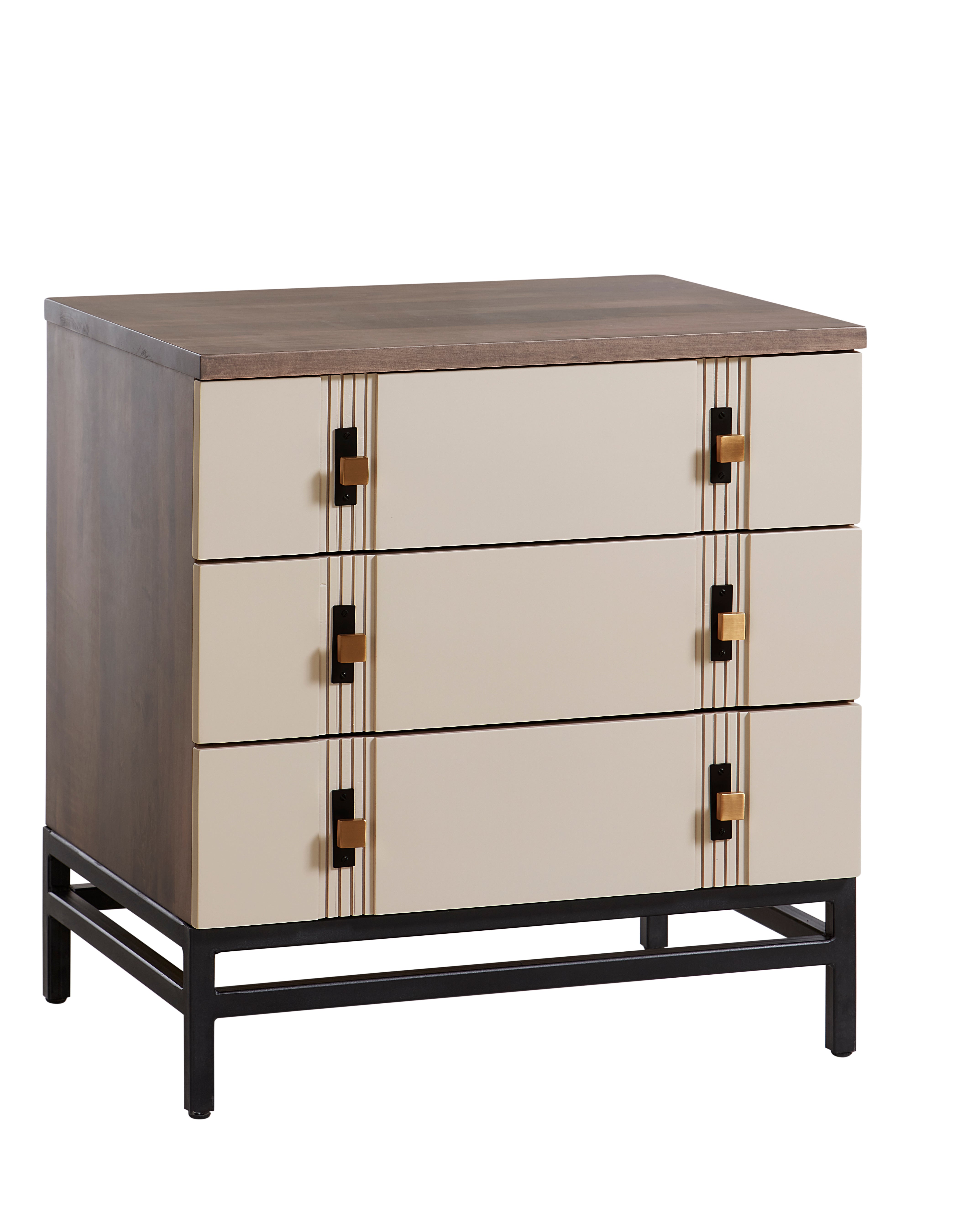 american made amish abshire three drawer nightstand shown in brown maple with oatmeal stain painted drawer fronts in natural cream black metal base