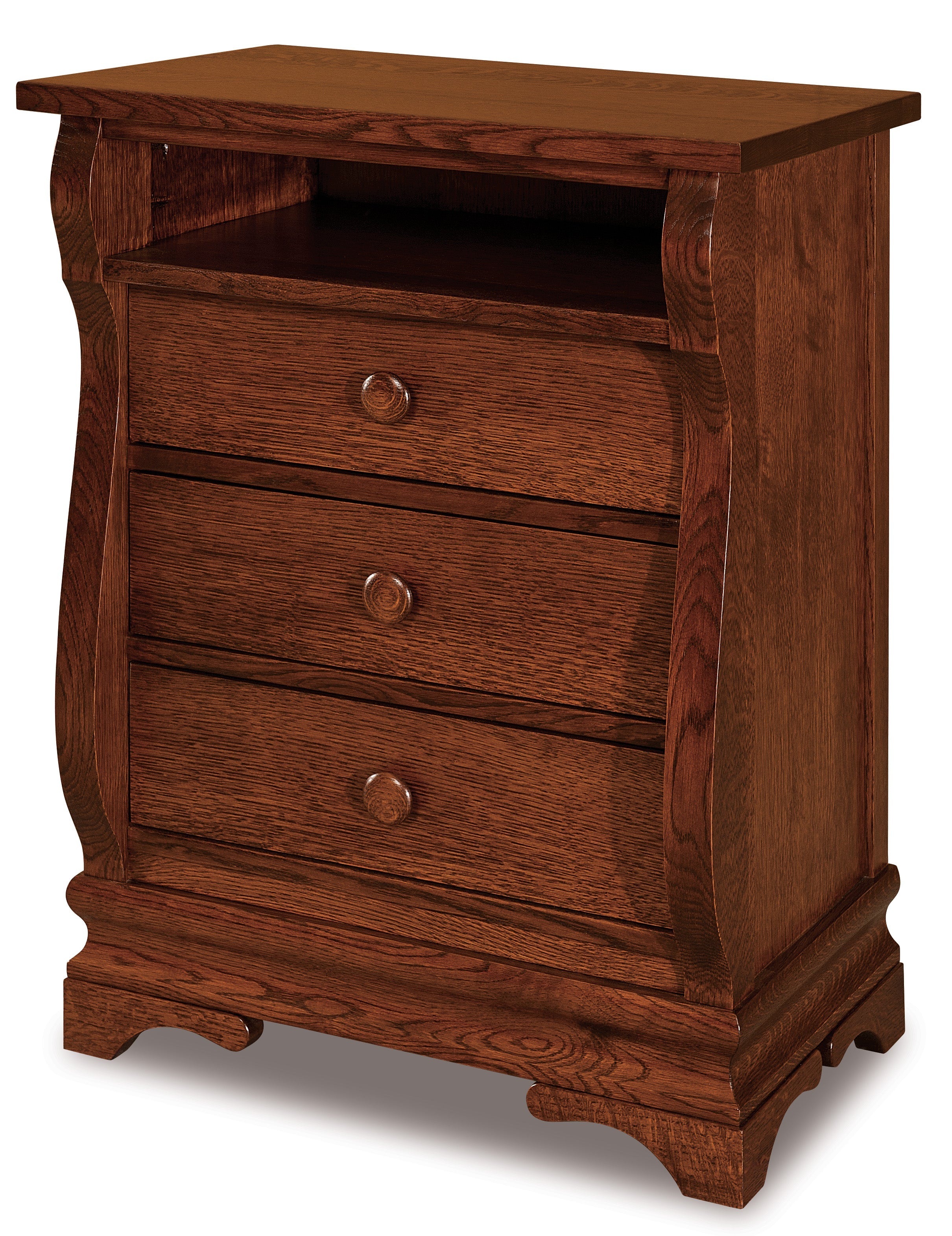 amish chippewa sleigh three drawer media nightstand