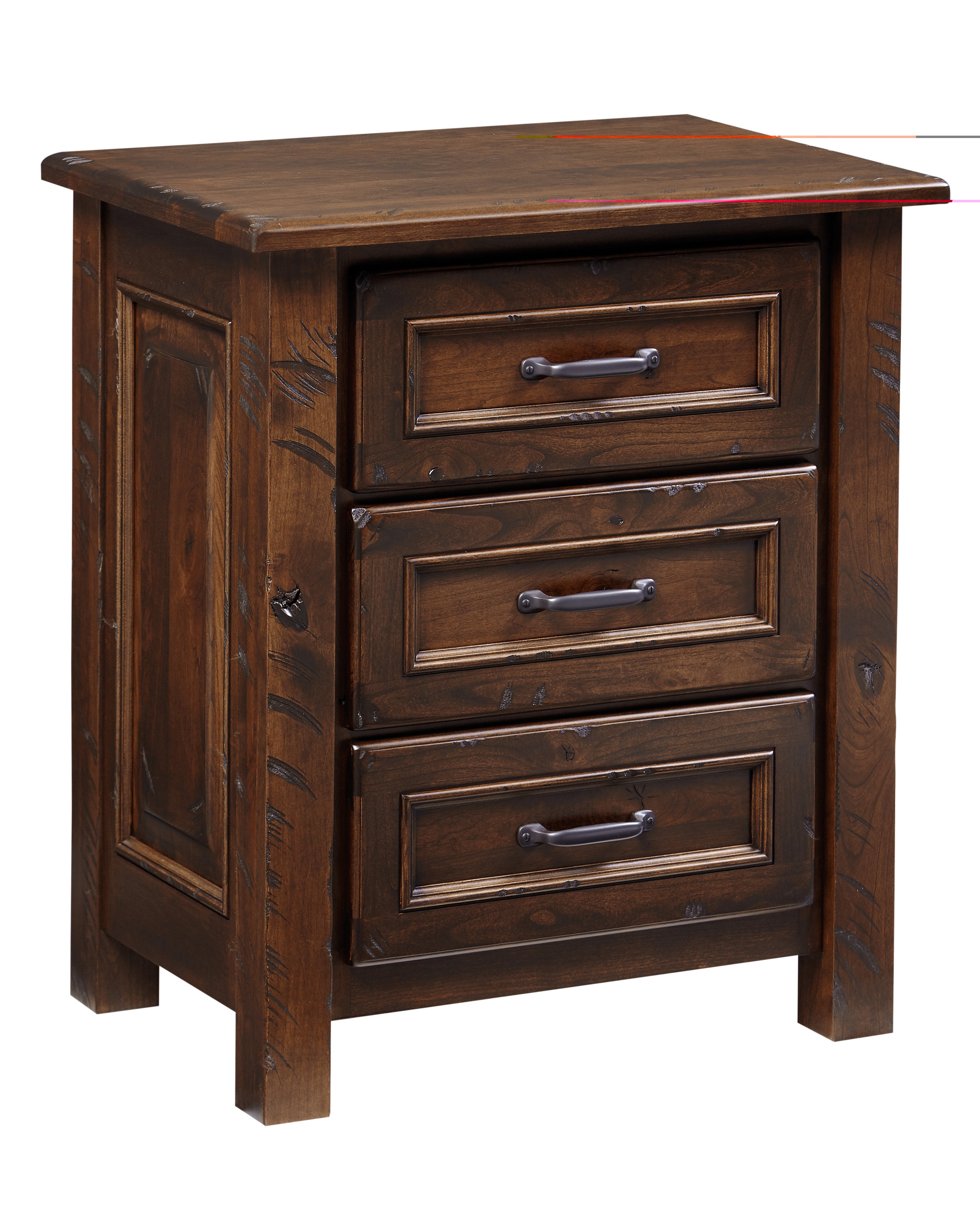 american made amish belwright three drawer nightstand in rustic cherry with low sheen coffee stain