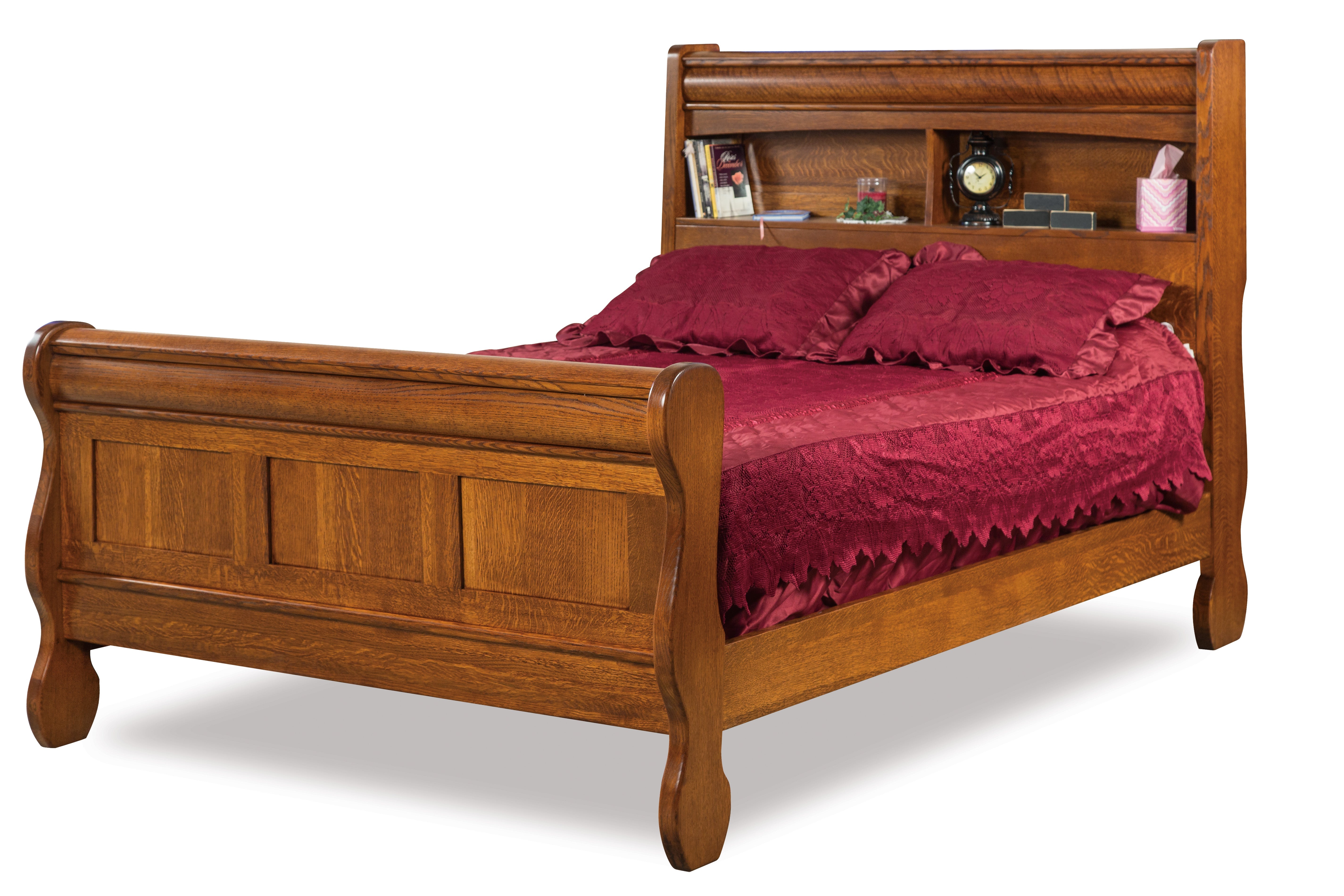 amish old classic sleigh bed with bookcase headboard in quarter sawn white oak with michaels cherry stain