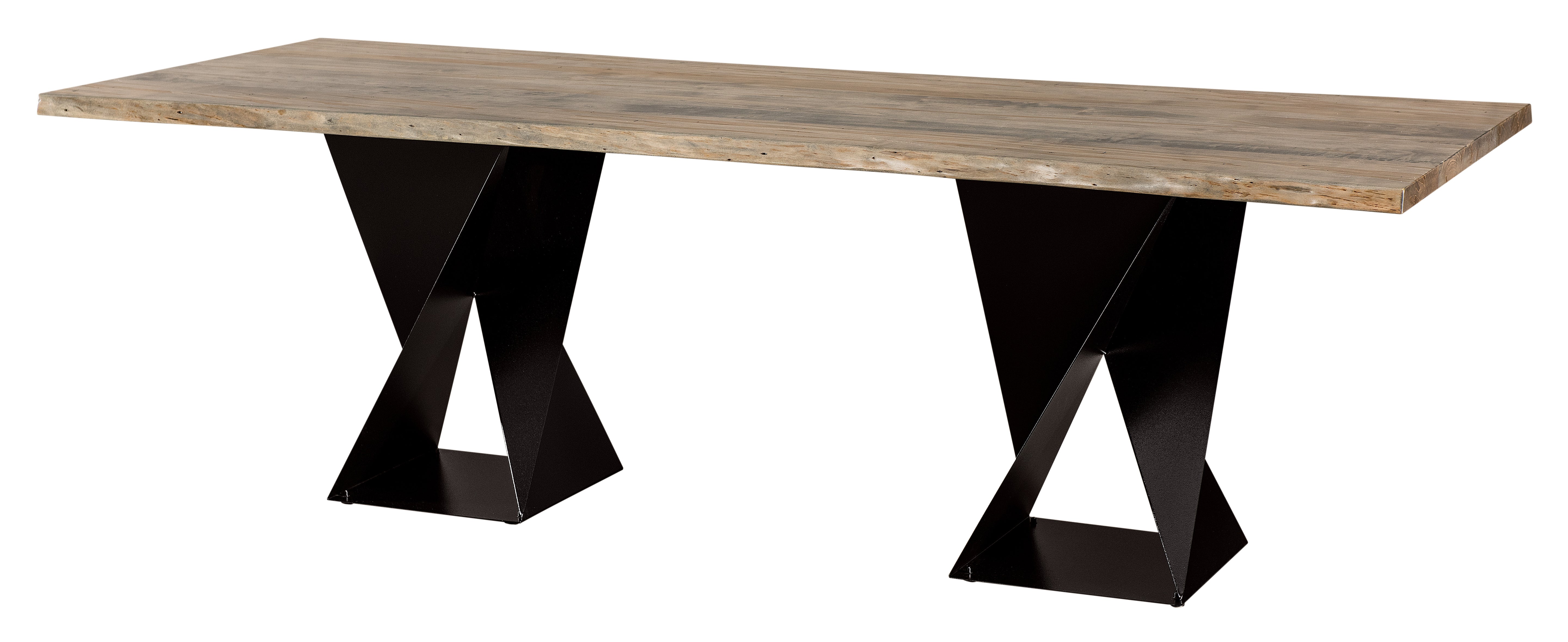 oxford double pedestal table shown in wormy maple with a bel air stain top and a black powder coated metal base