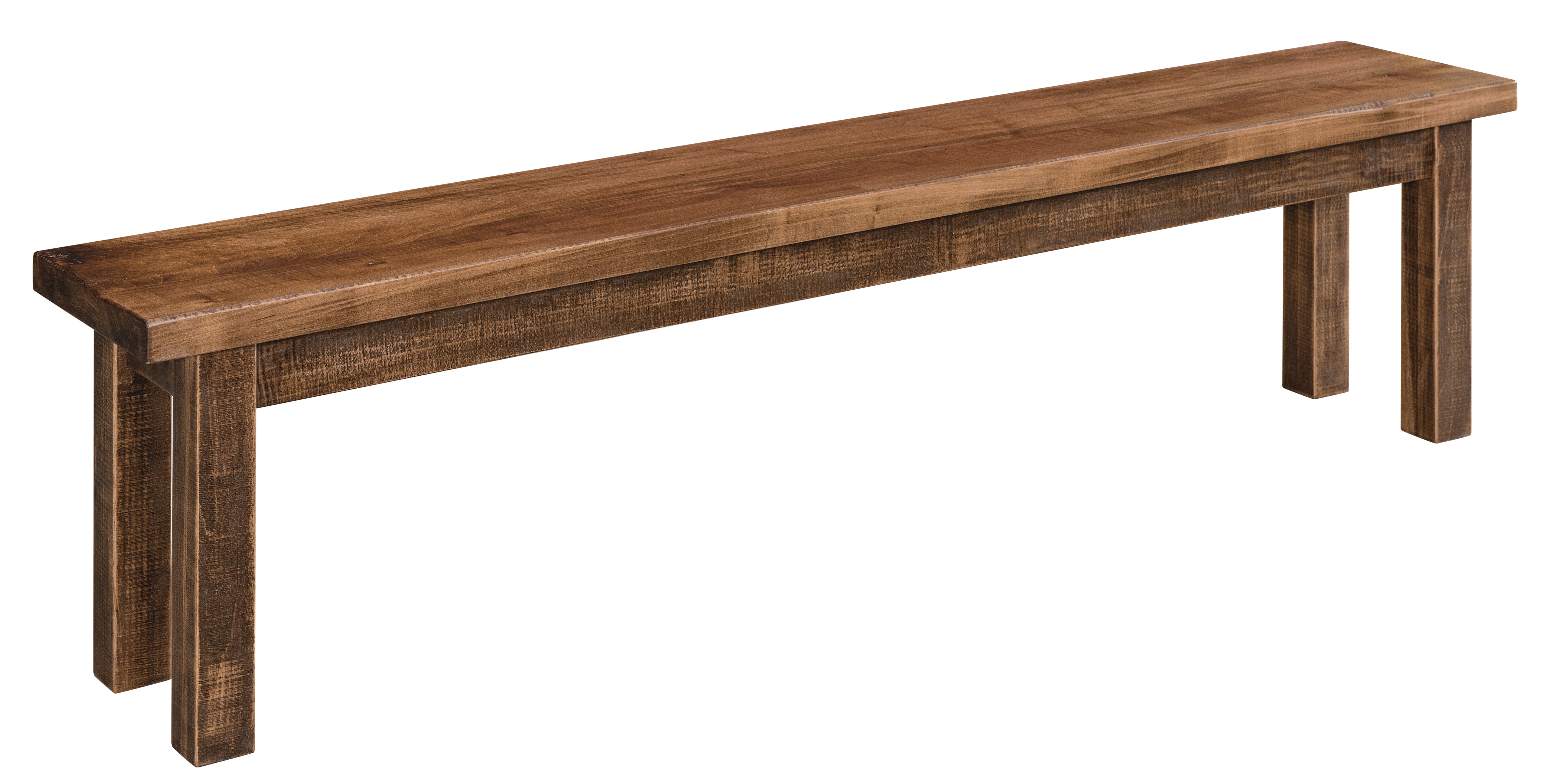amish santa fe bench shown in rough sawn wormy maple with an almond stain 