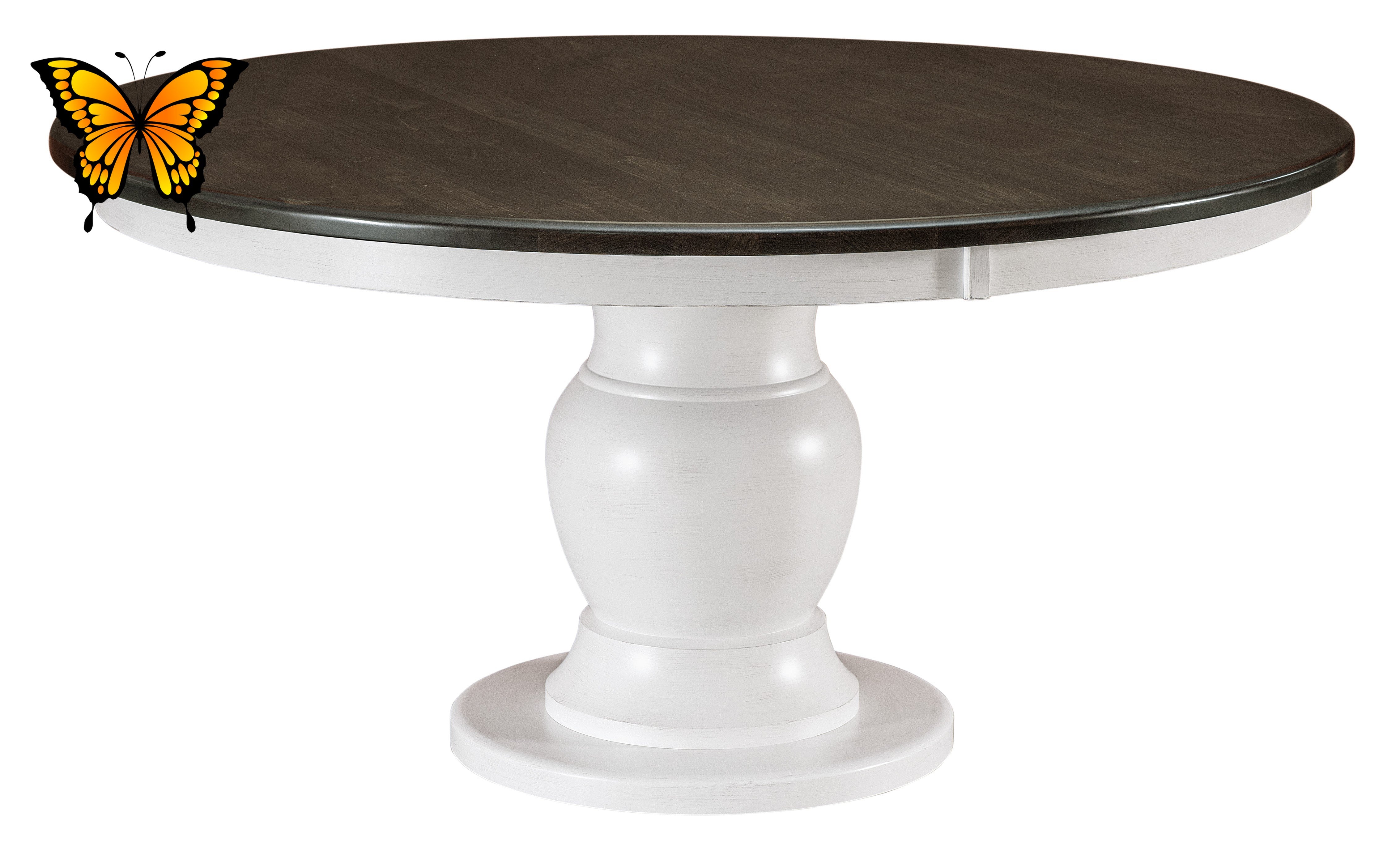 sonoma single pedestal table shown in brown maple with a shadow stain top and a weathered snow white 10 sheen base 