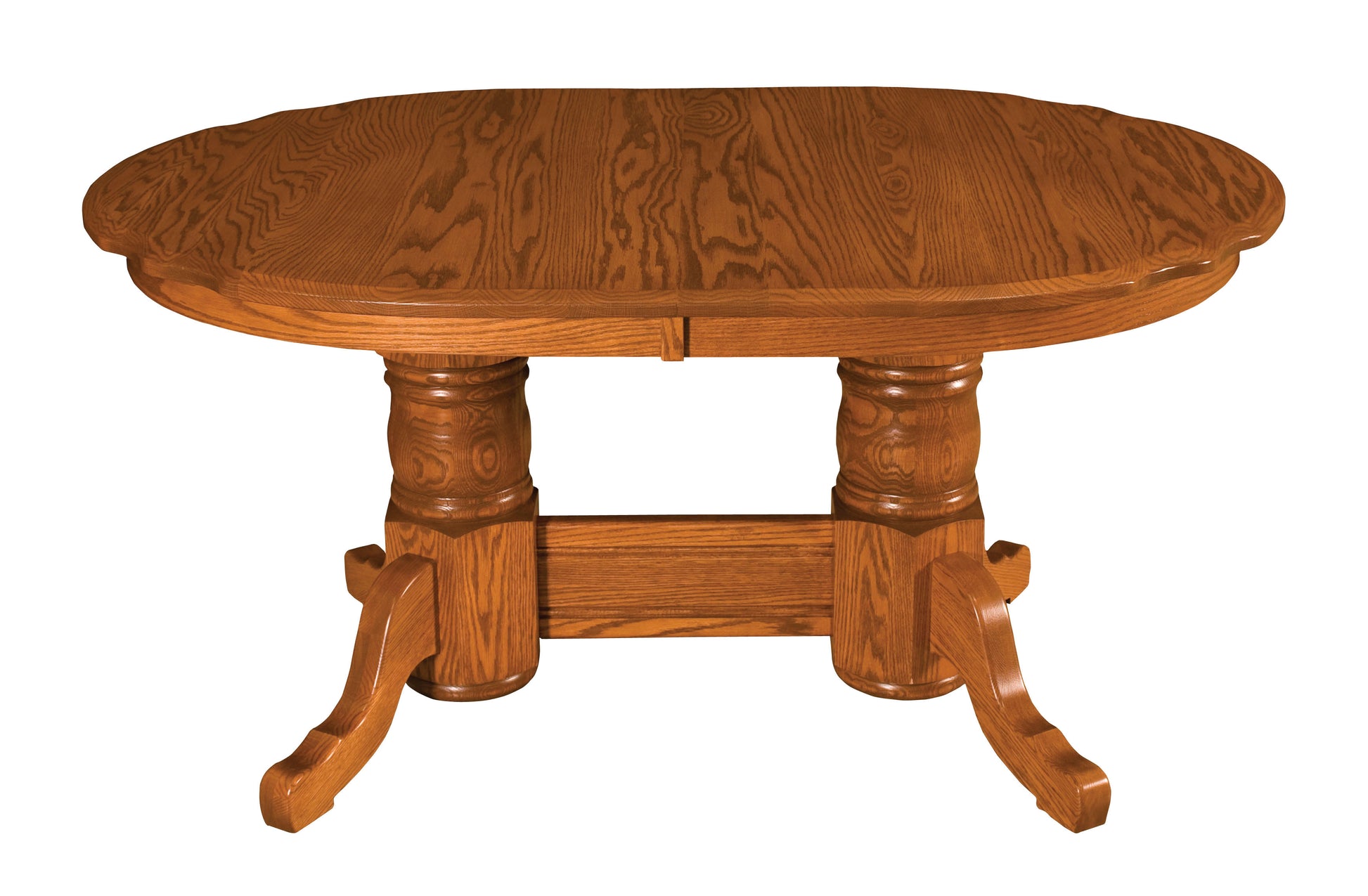traditional double pedestal scalloped table shown in oak with a honey stain 