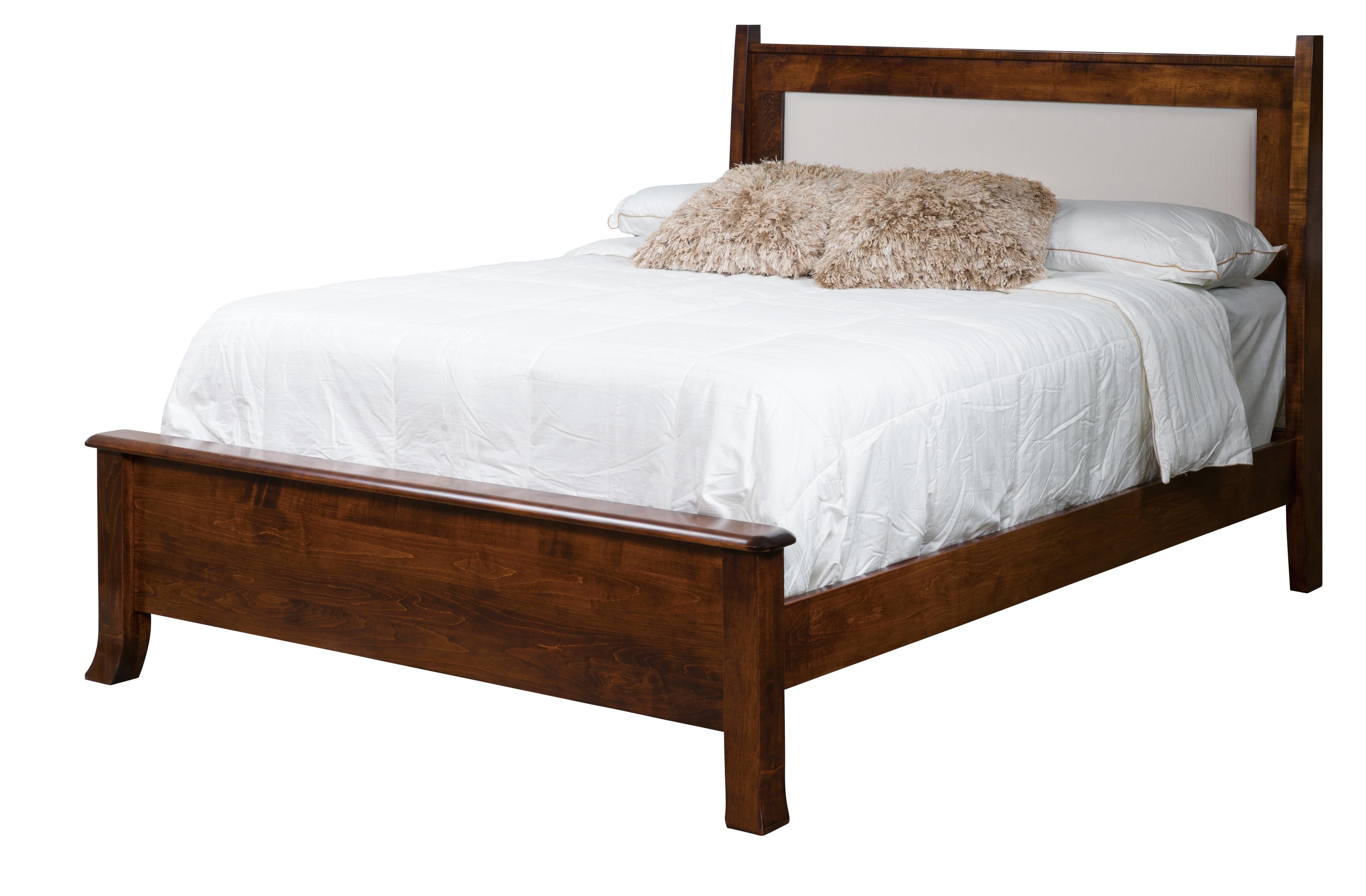 amish trimble bed with fabric headboard in oak with earthtone stain