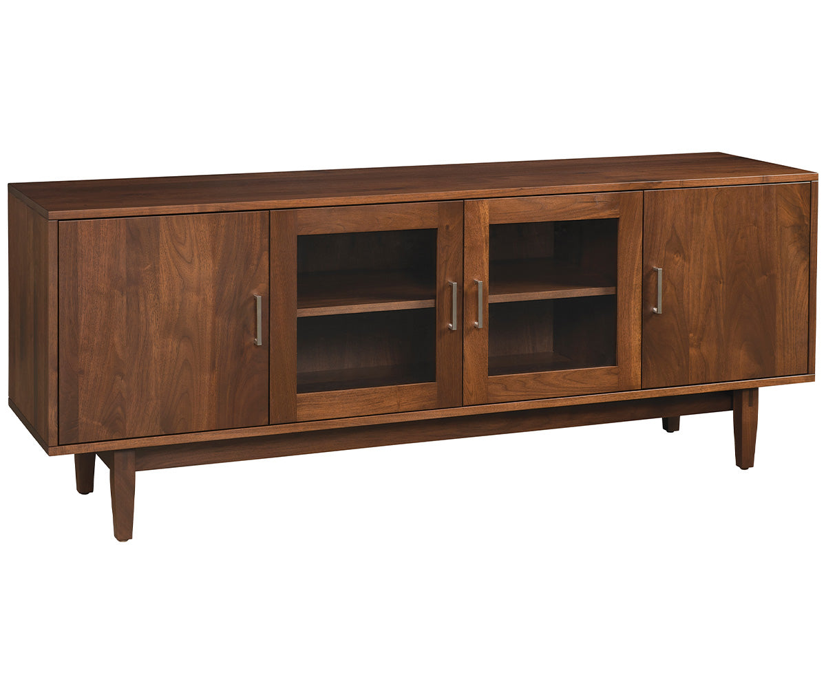 amish tv stand shown in brown maple