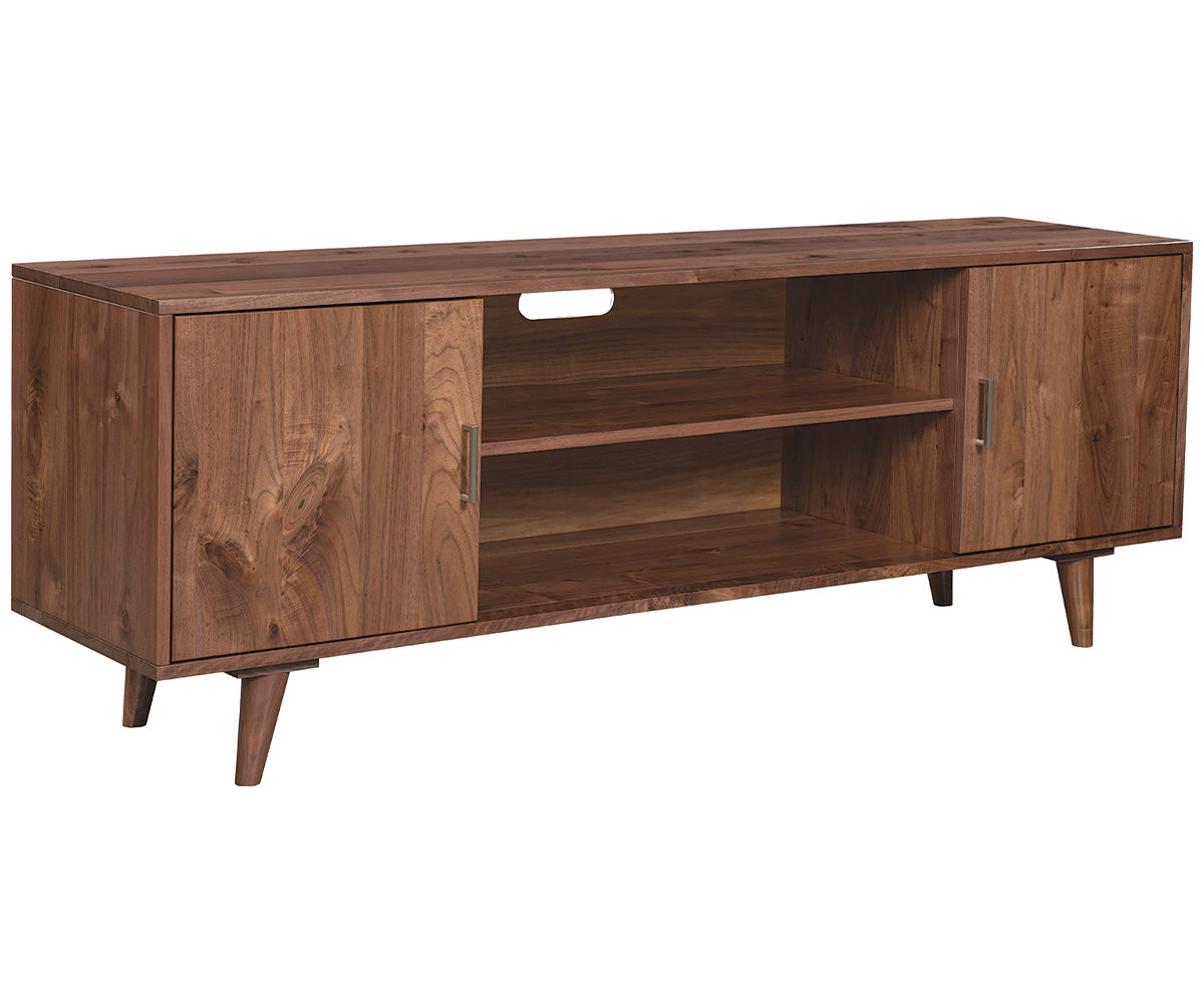 amish tv stand shown in brown maple