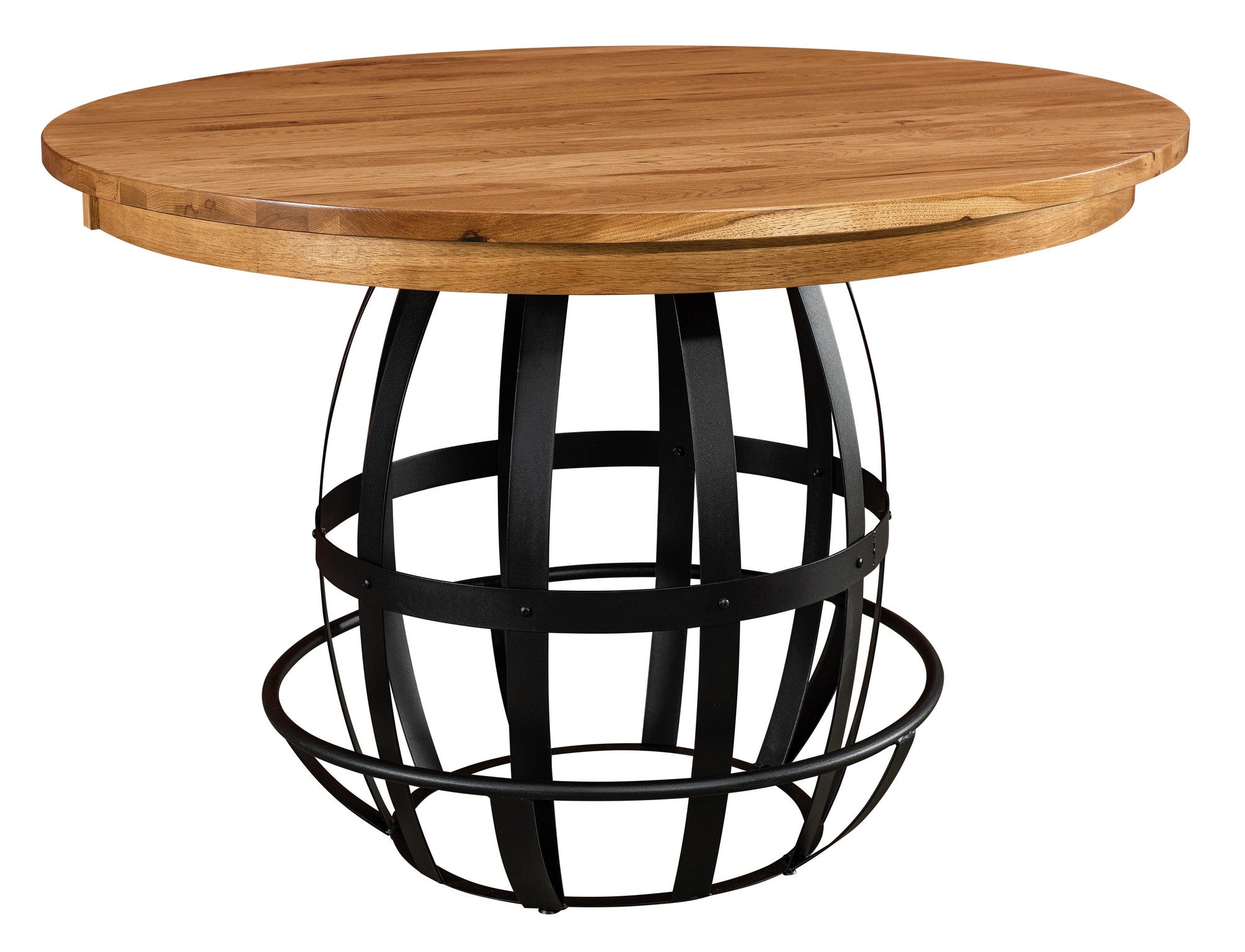 the amish wabash barrel table shown in rustic hickory with a medium walnut finish 