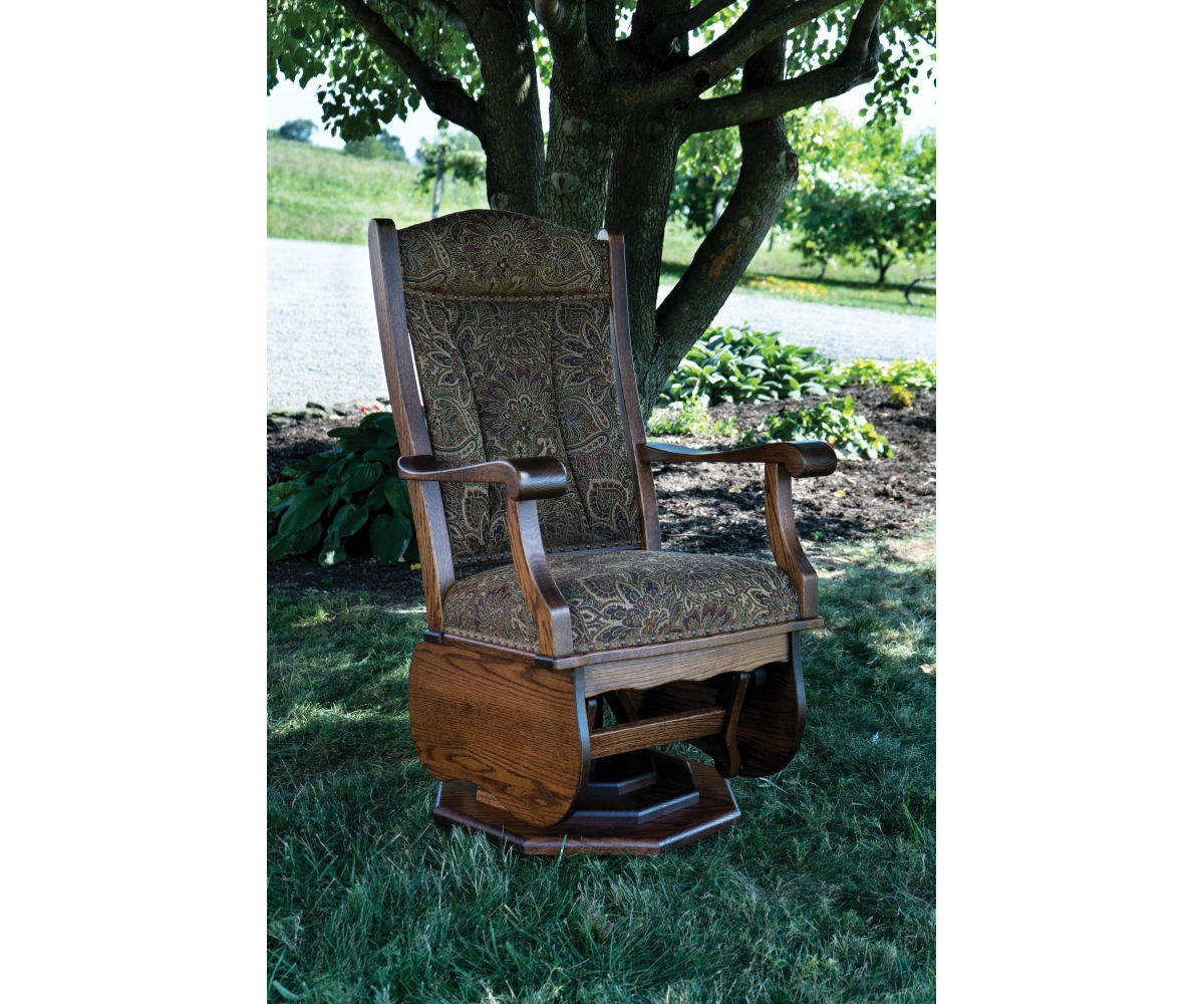 Amish Swivel Glider With Platform Base   19 8735 Spg47 Oak 3050 B Forest Fabric Front Outdoor 