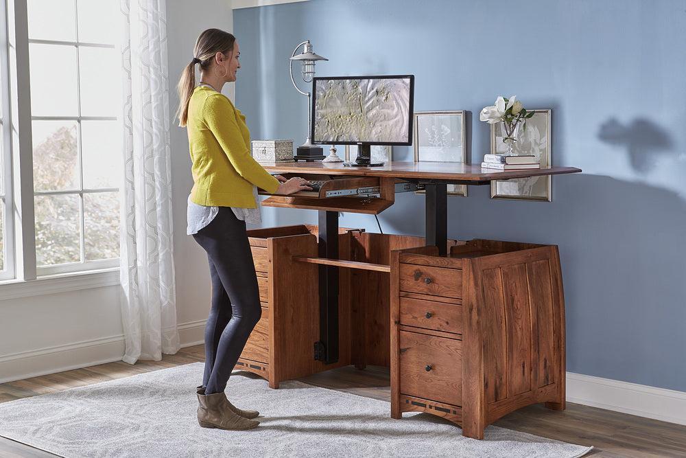 Amish Boulder Creek Sit to Stand Double Pedestal Seven Drawers Desk with Finished Backside and Curved Top