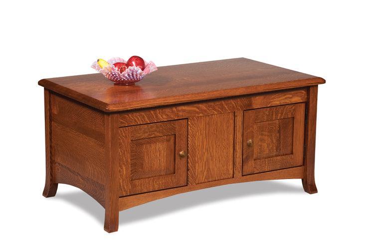 amish carlisle enclosed coffee table with doors in quarter sawn white oak in michael's cherry stain