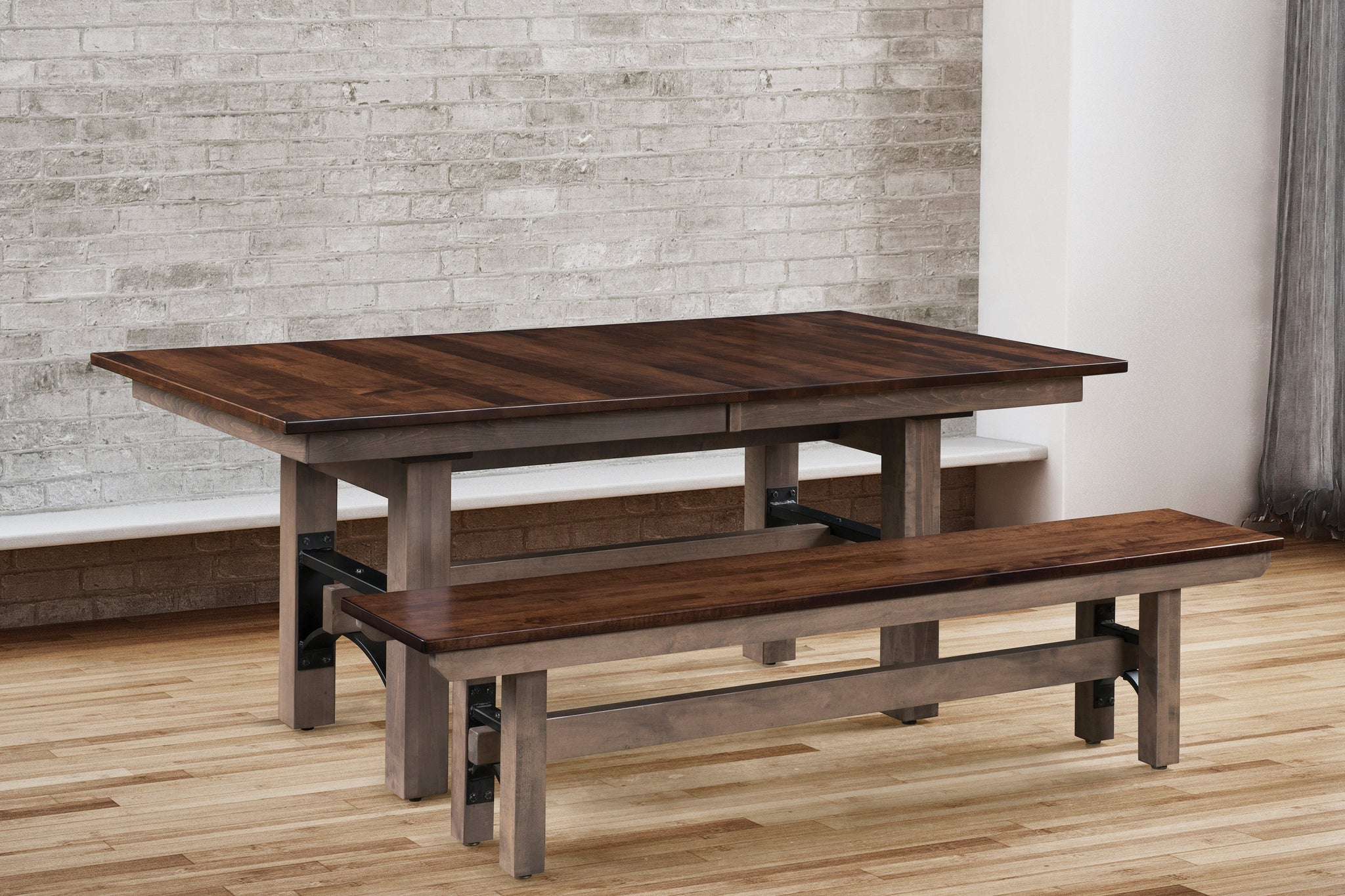 frontier double pedestal with bench and two tone finish in room setting