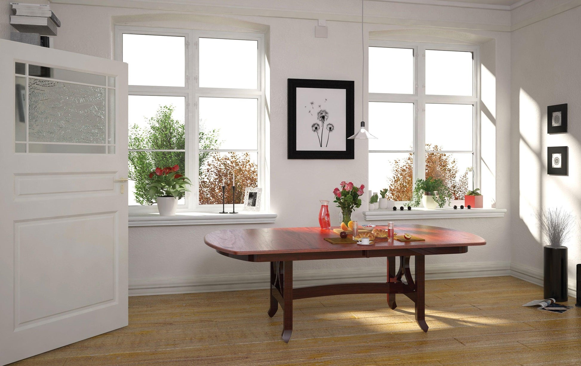 jackson double pedestal table with bowed end in two tone finish in room setting