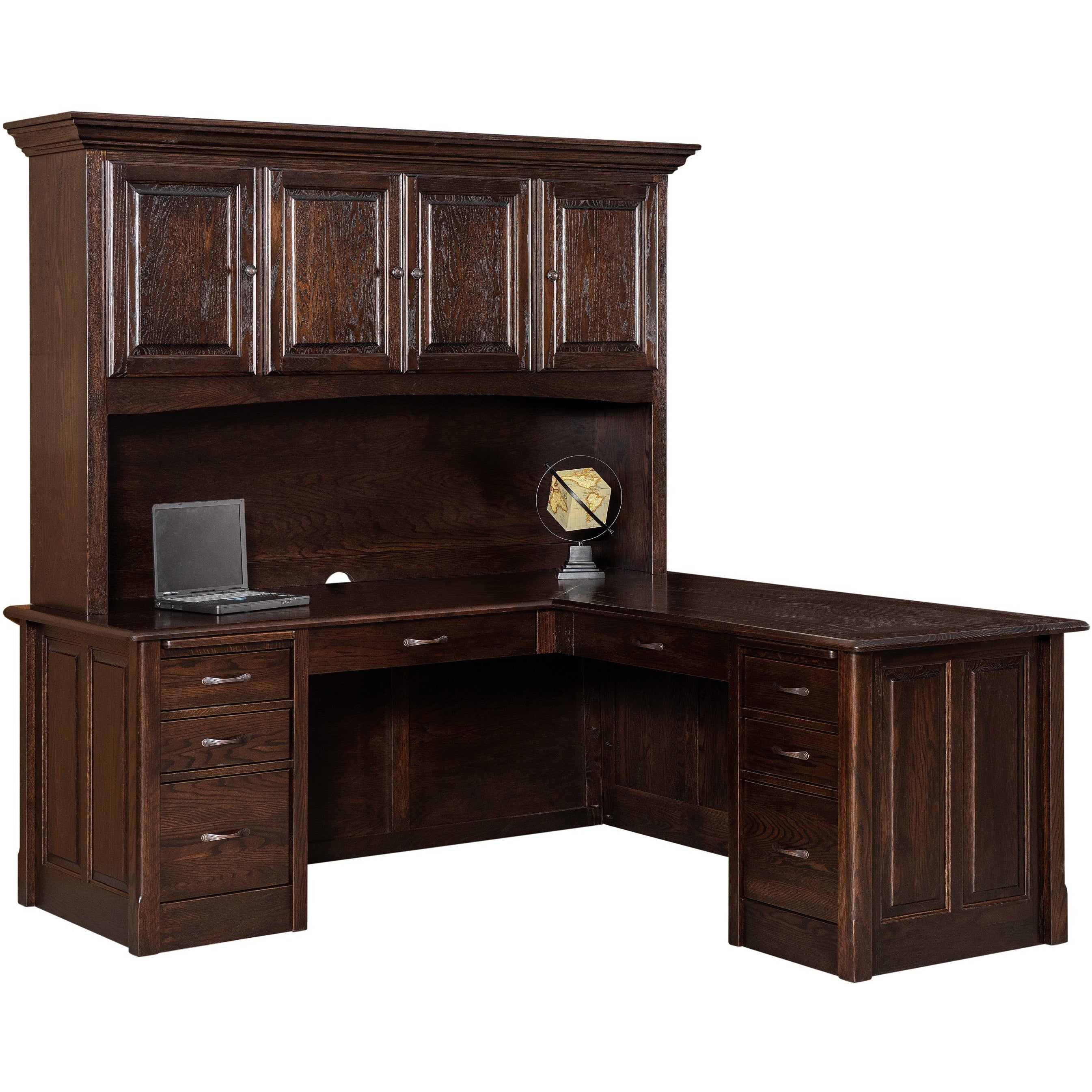 Amish Victorian Eight Drawers L Desk with Four Doors Hutch Top