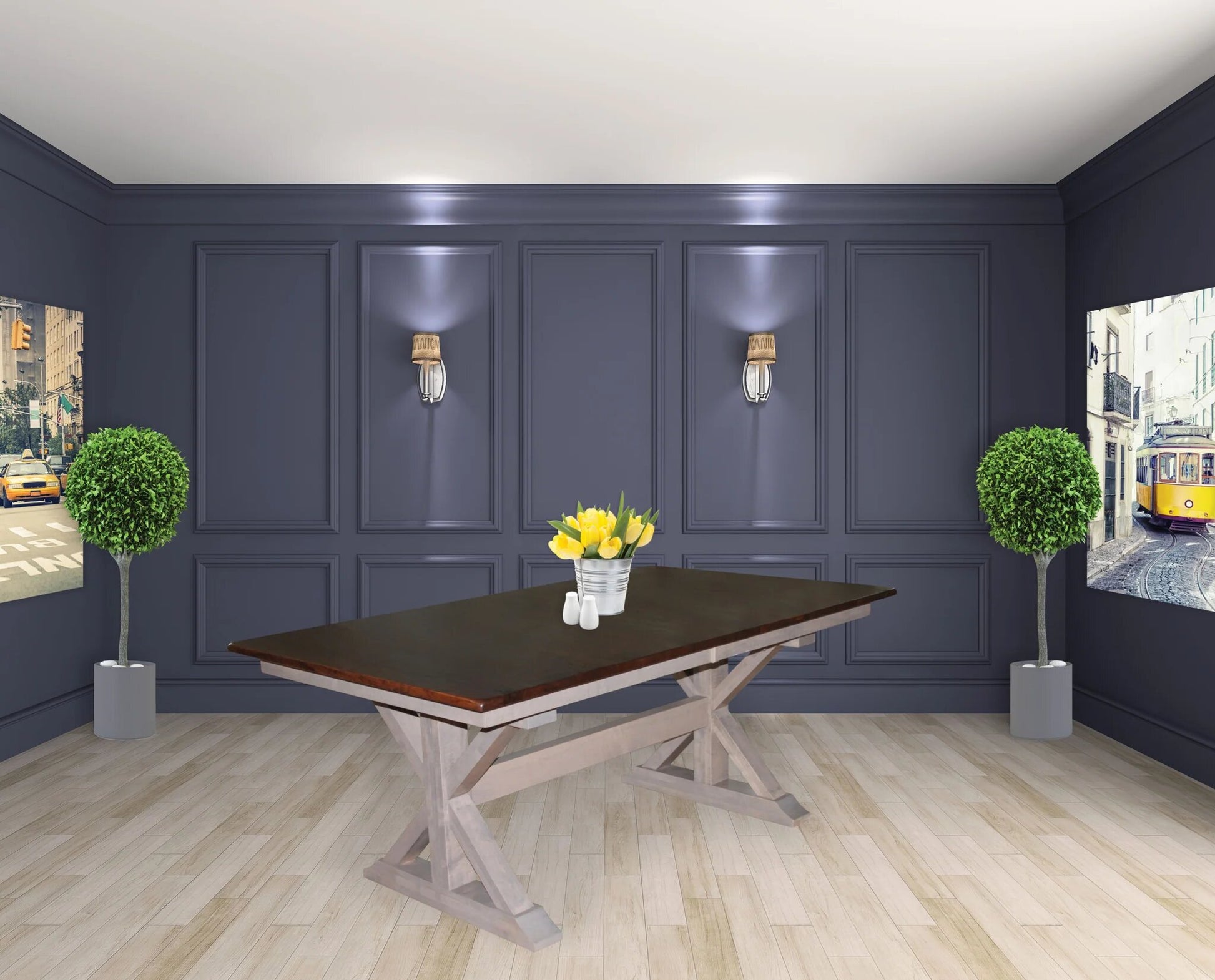 x-base double pedestal table with two tone finish in room setting