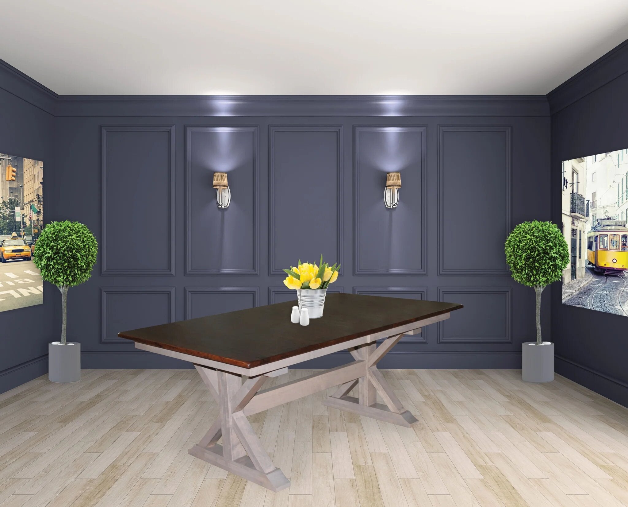 x-base double pedestal table with two tone finish in room setting