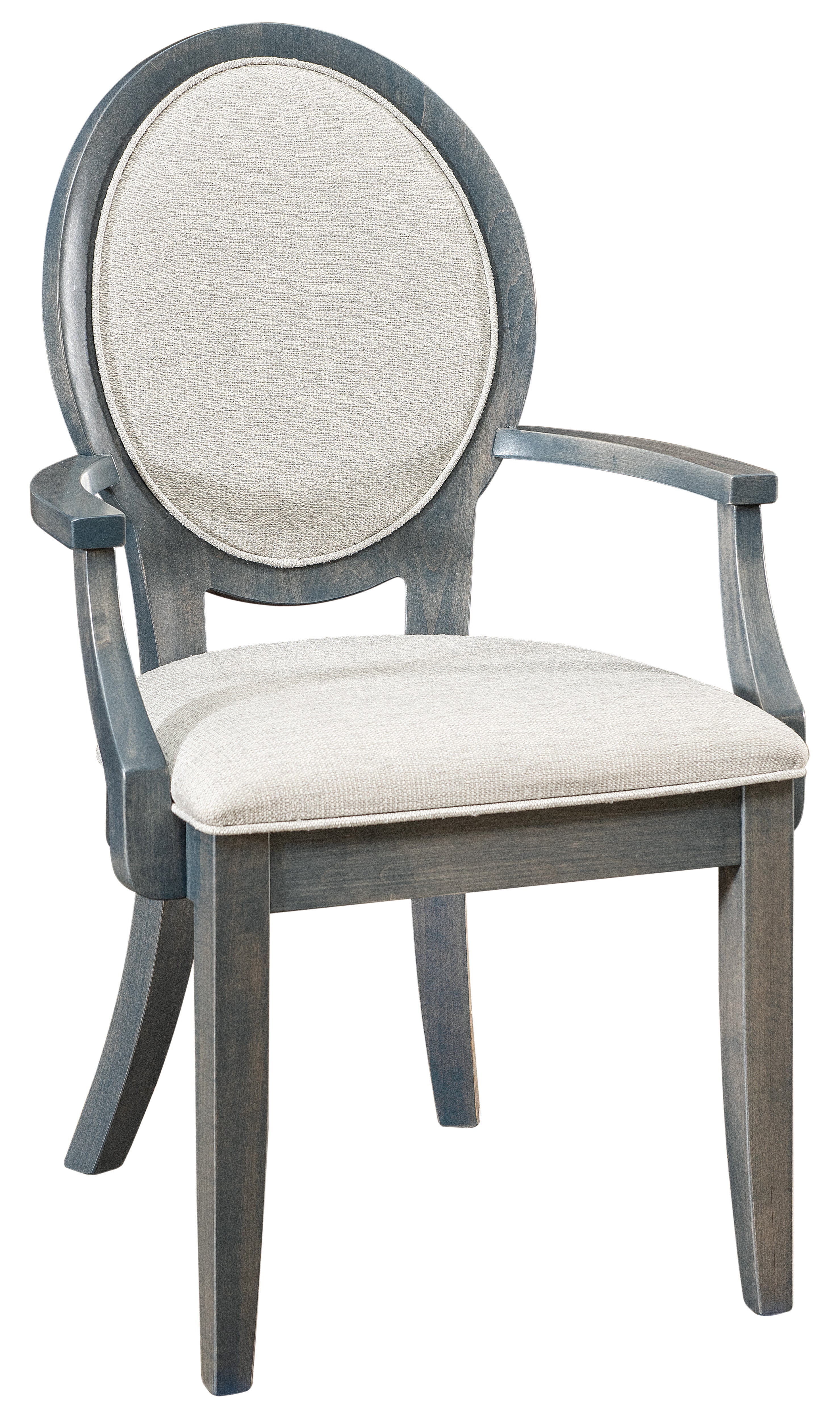 dawson arm chair in brown maple with grey flannel stain and coconut fabric