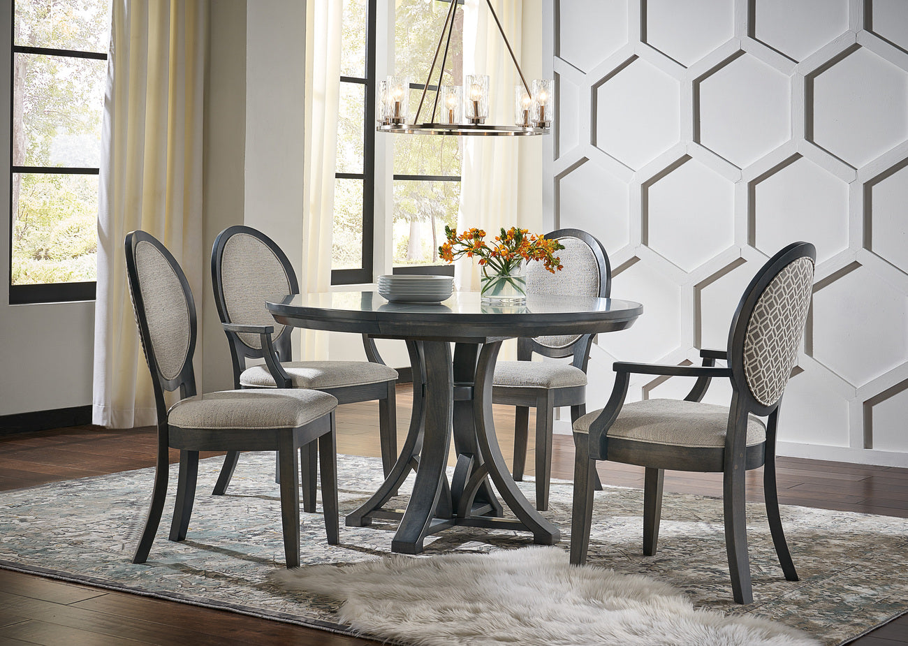 dawson single pedestal dining table in brown maple with grey flannel stain and dawson side chairs