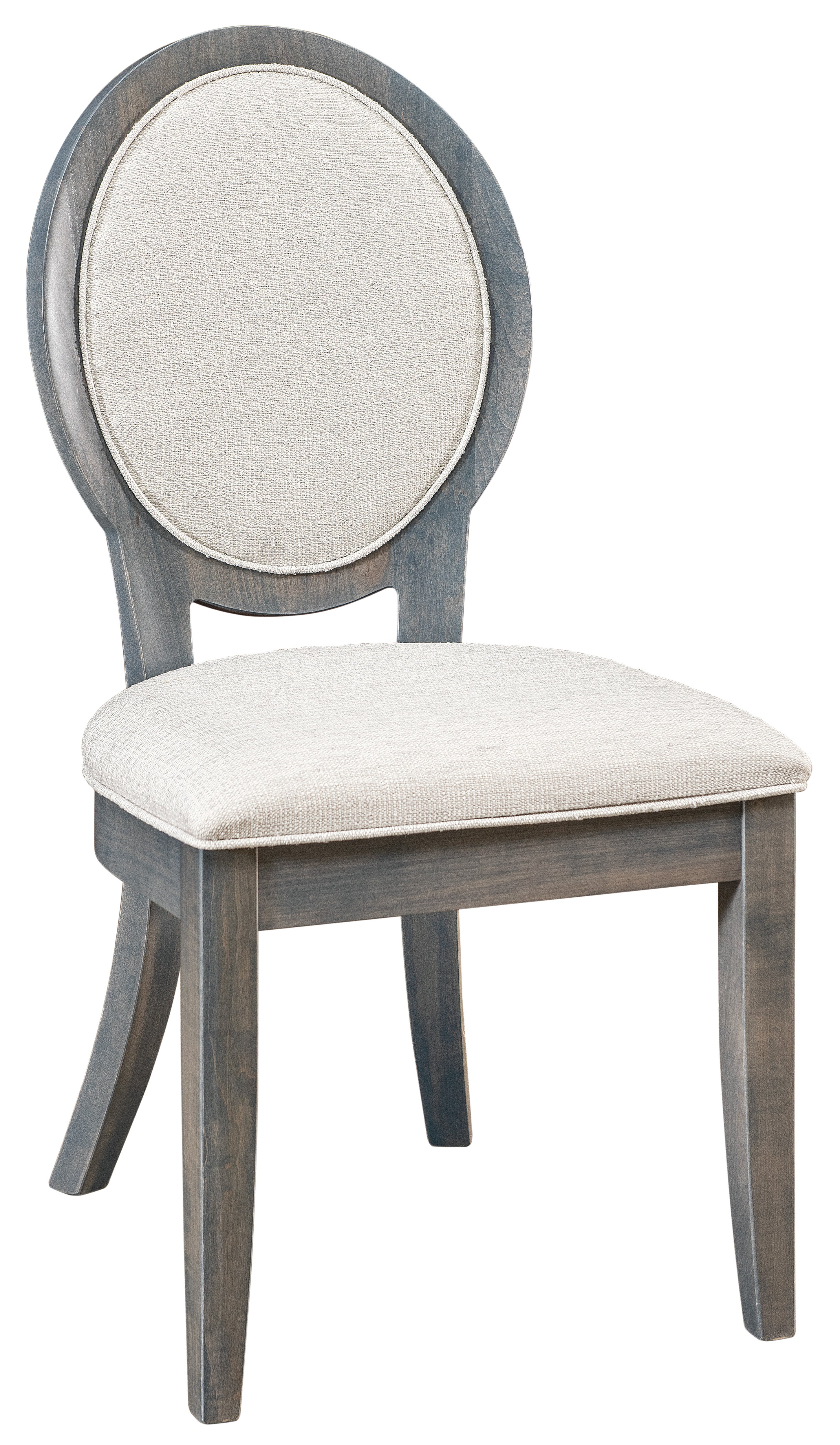 dawson upholstered dining chair in brown maple wood, gray flannel stain and coconut fabric
