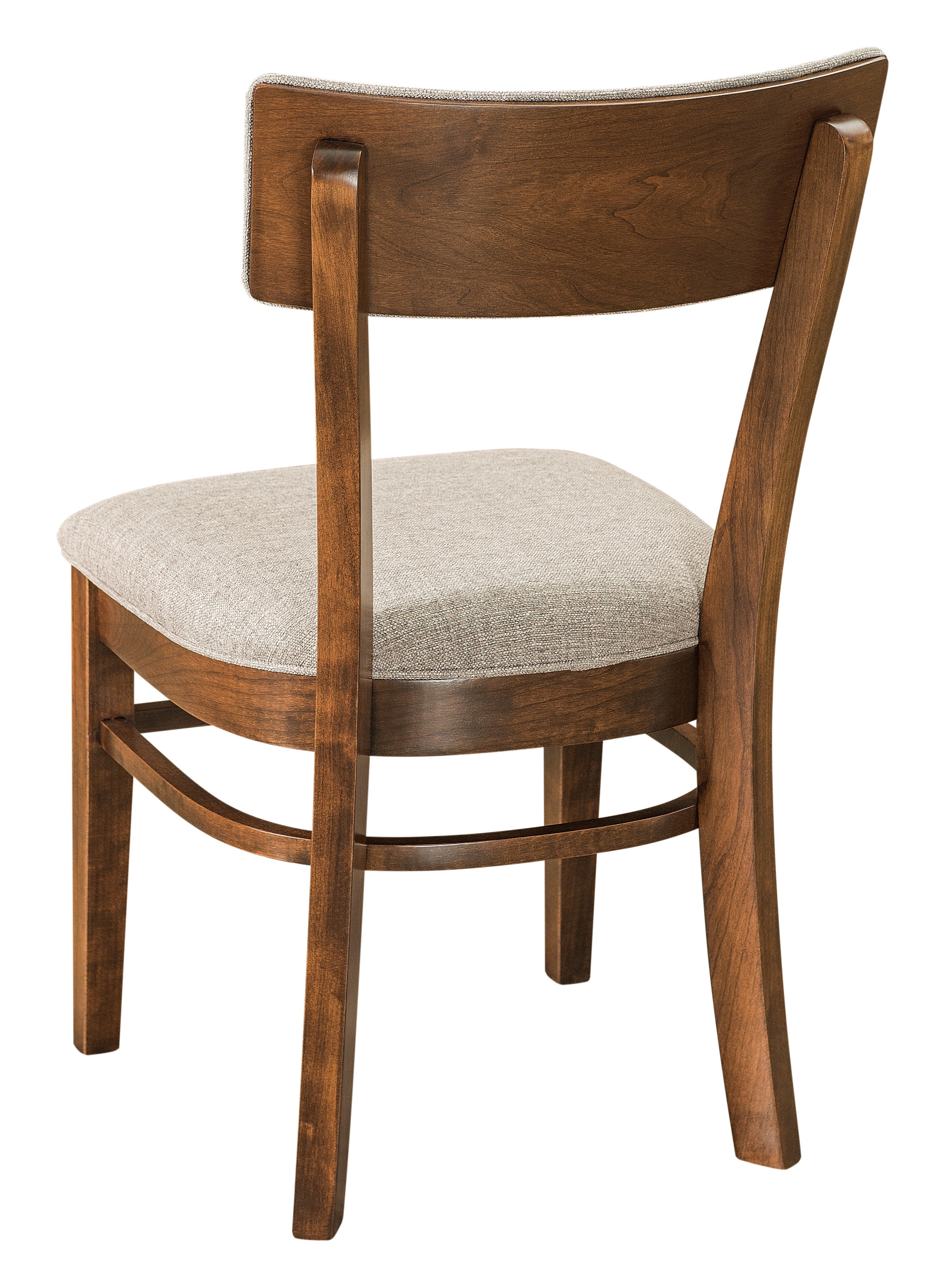 back of emerson side chair in cherry with earthtone stain and canal fabric