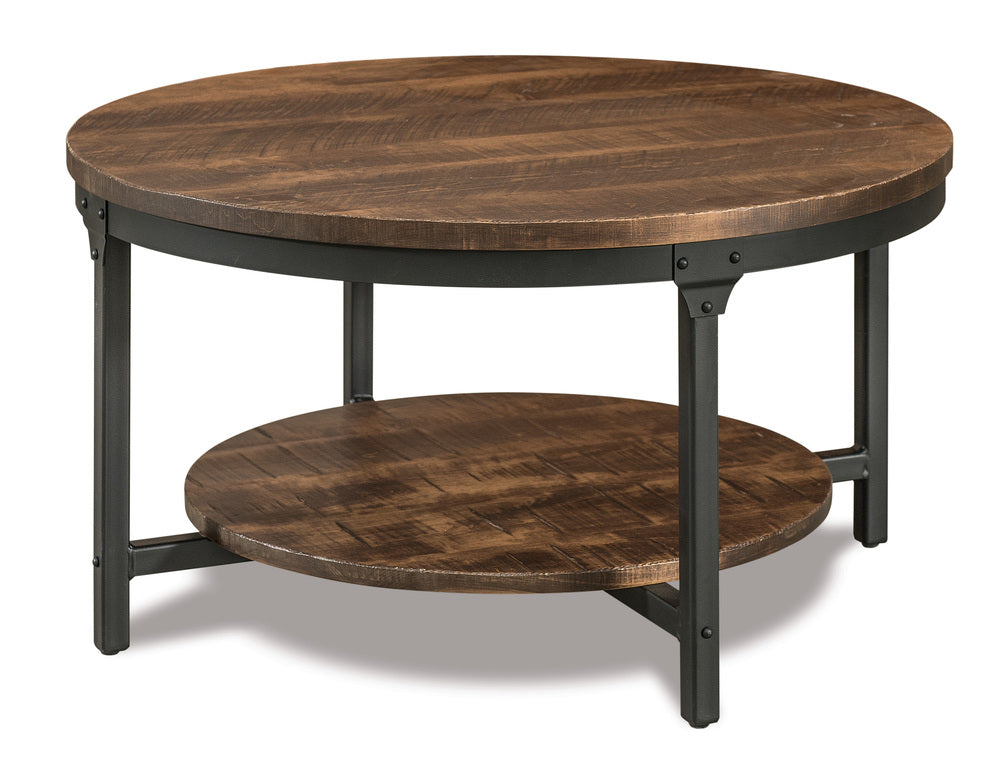 Amish Houston 38" Round Steel and Wood Solid Top Coffee Table with Shelf