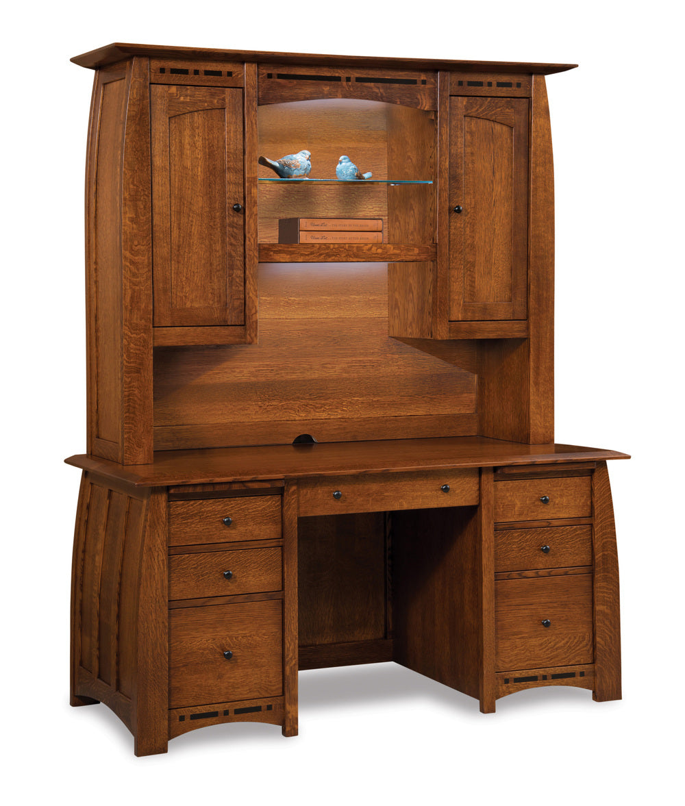 Amish Boulder Creek Double Pedestal Seven Drawers Desk with Two Doors Hutch Top