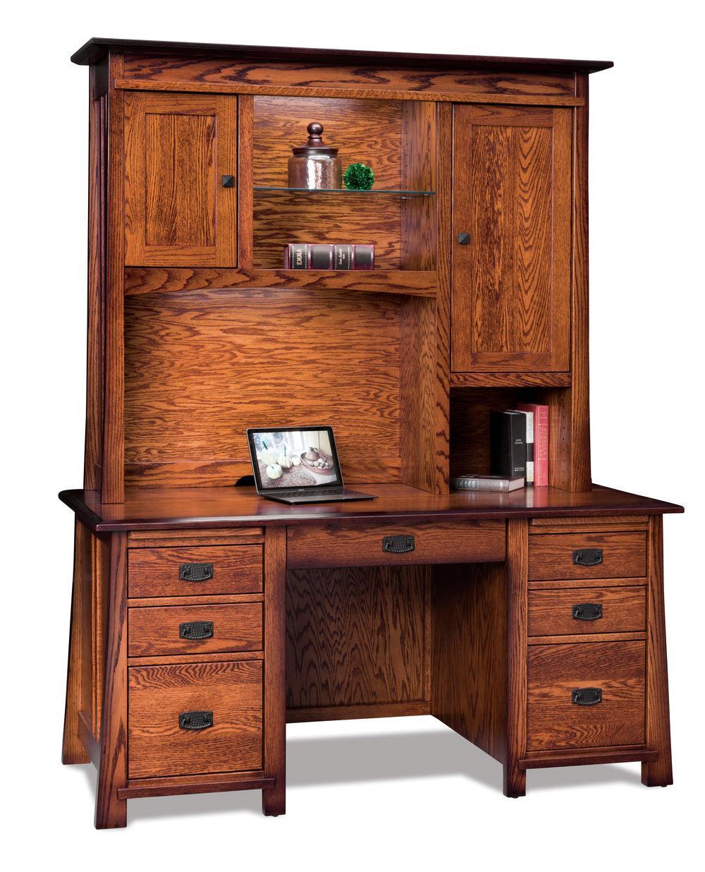 Amish Grant Double Pedestal Seven Drawers Desk with Two Doors Hutch Top