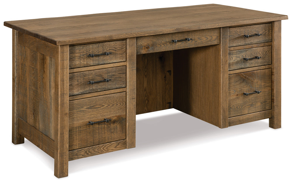 Amish Houston Double Pedestal Seven Drawers Desk with Unfinished Backside