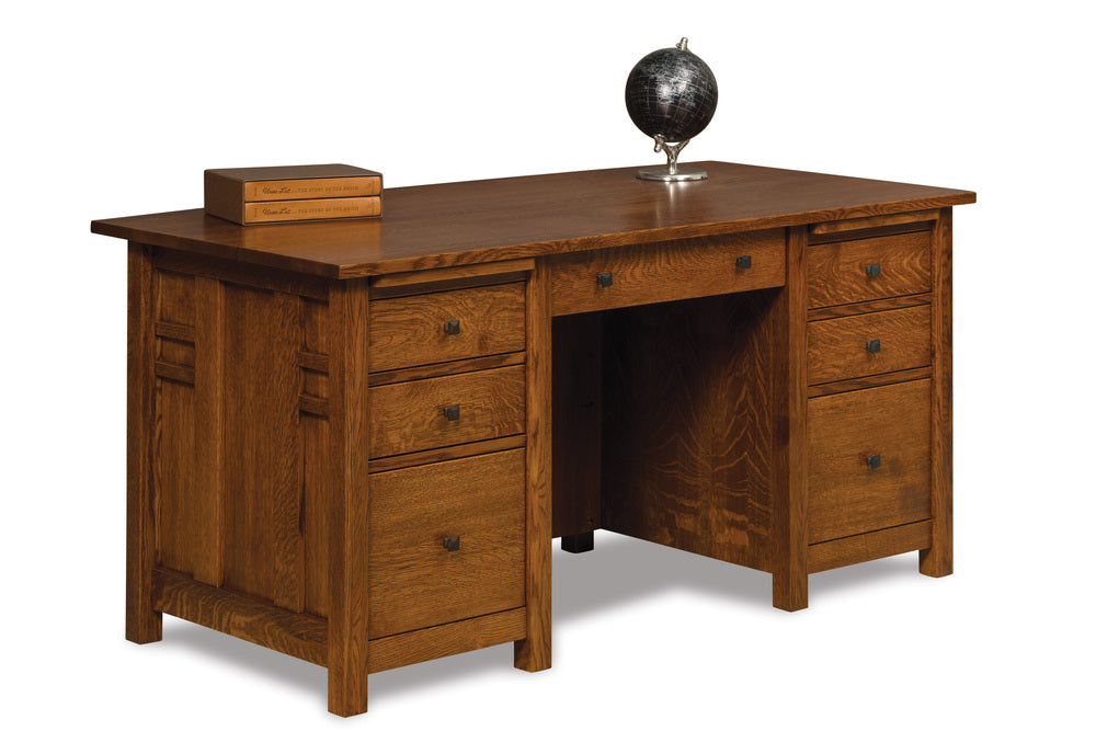 Amish Kascade Double Pedestal Seven Drawers Desk with Finished Backside and Curved Top