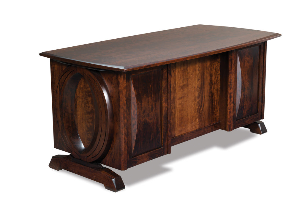 Amish Saratoga Double Pedestal Five Drawers Desk with Finished Backside and Curved Top
