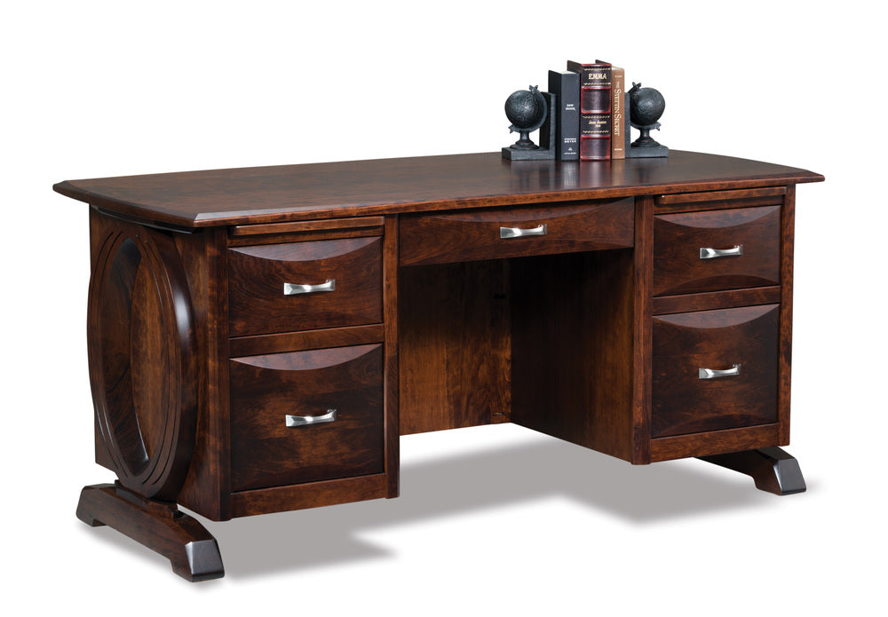 Amish Saratoga Double Pedestal Five Drawers Desk with Finished Backside and Curved Top