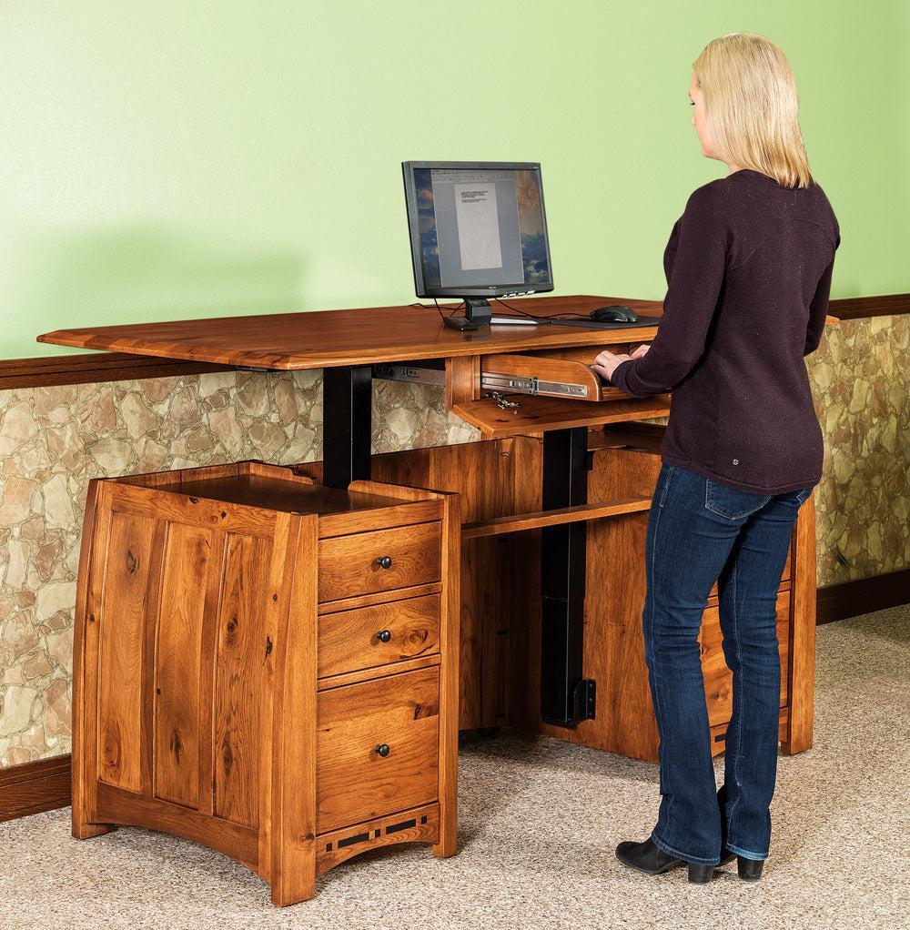 Amish Boulder Creek Sit to Stand Double Pedestal Seven Drawers Desk with Finished Backside and Curved Top