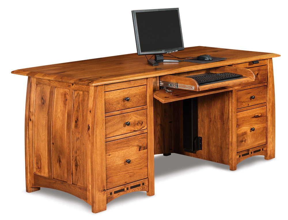 Amish Boulder Creek Sit to Stand Double Pedestal Seven Drawers Desk with Finished Backside and Curved Top