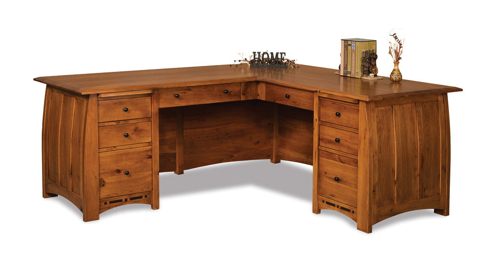 Amish Boulder Creek Eight Drawers L Desk with Finished Back