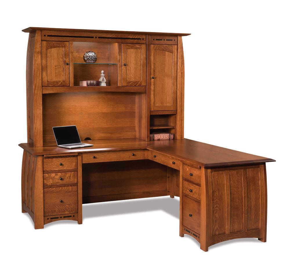 Amish Boulder Creek Eight Drawers L Desk with Three Doors Hutch Top