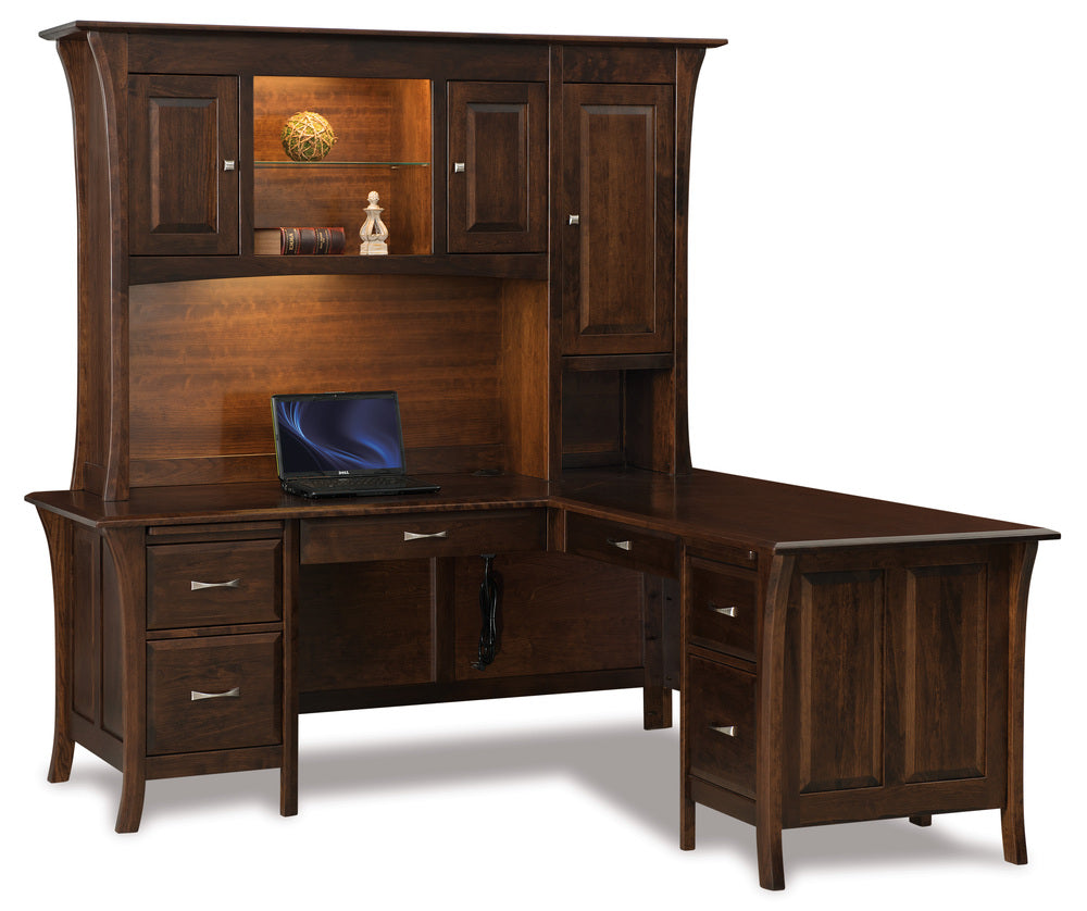 Amish Ensenada Six Drawers L Desk with Three Doors Hutch Top
