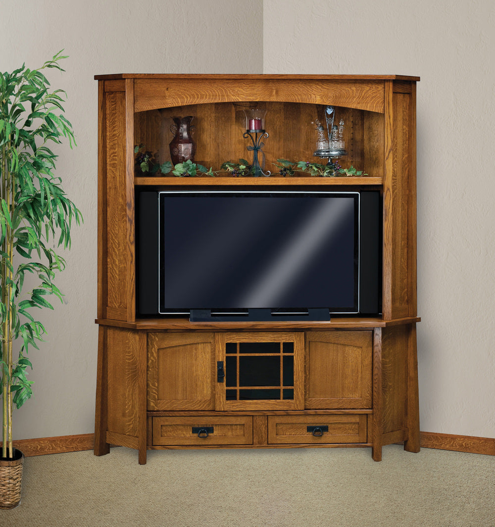 Amish Modesto Three Doors and Two Drawers Media Console with Corner Hutch